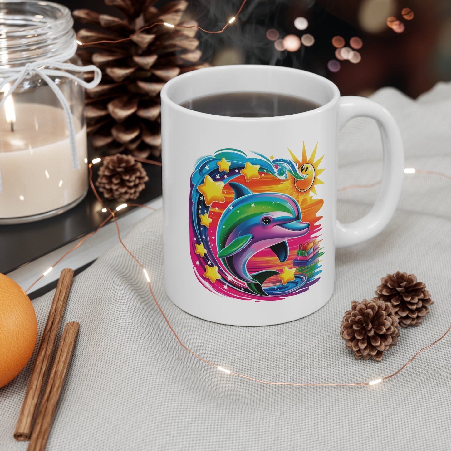 Mug Dauphin Arc-en-Ciel Fantastique – Tasse Dauphin Magique avec Étoiles et Soleil – Design Marin Coloré et Féérique – Cadeau Original pour Amoureux des Dauphins et de l’Océan – Céramique 325ml...