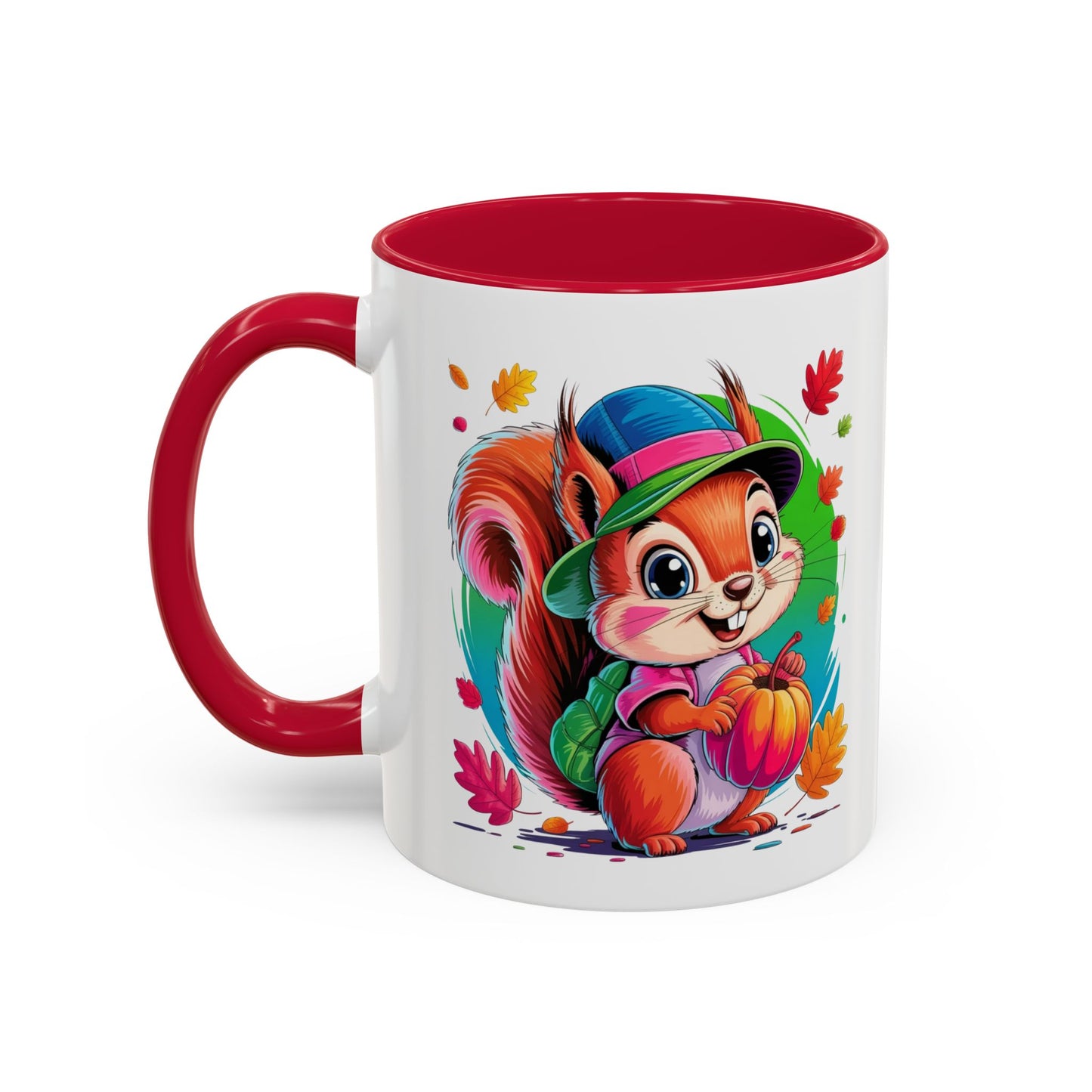 Mug Écureuil Mignon Automne – Tasse Animal Citrouille Feuilles Colorées – Cadeau Original Enfant Adulte – Céramique 325ml Noir Bleu Rouge