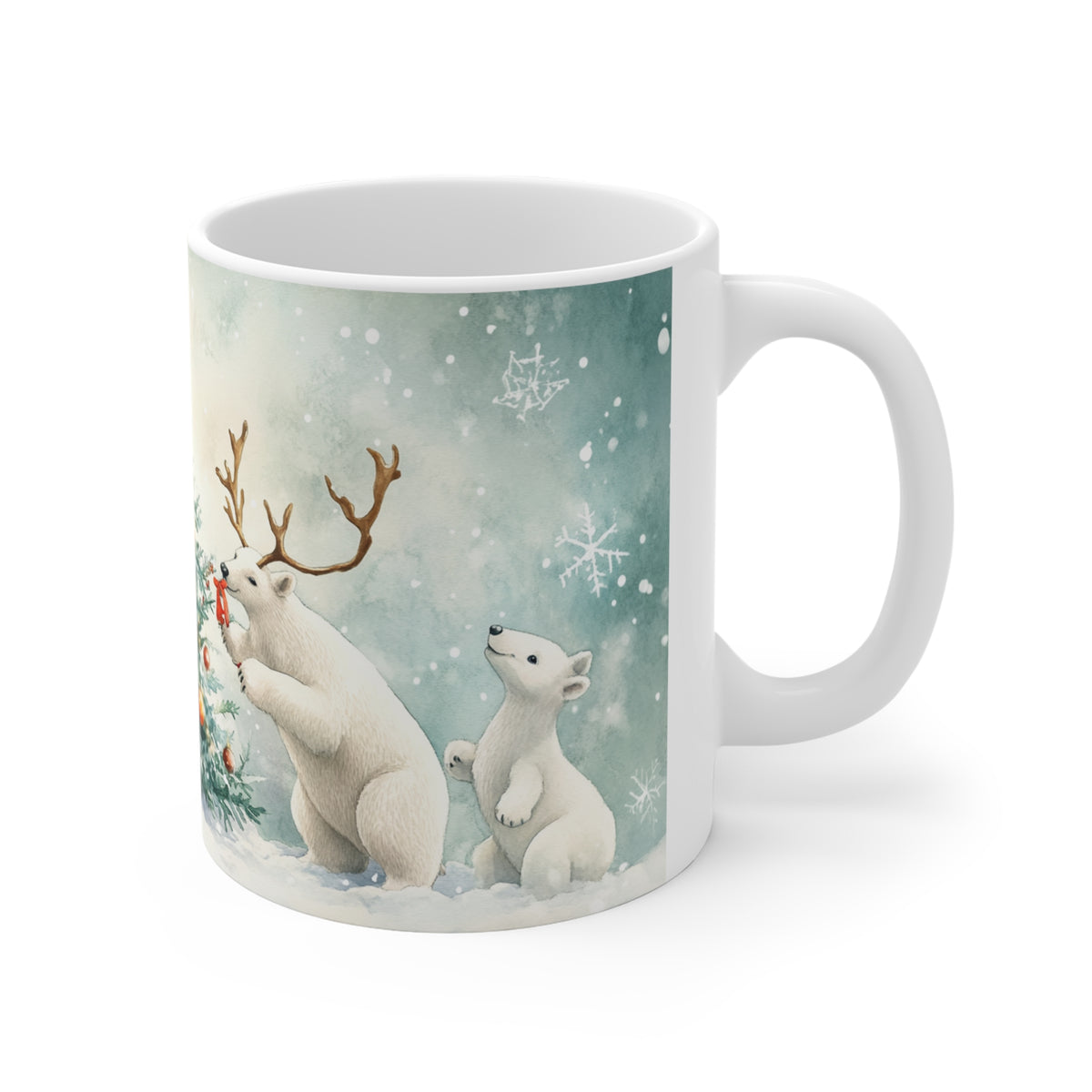 Mug Animaux de Noël autour du Sapin – Pingouin et Ours Polaires Style Aquarelle – Tasse Hiver Cadeau Noël Homme Femme