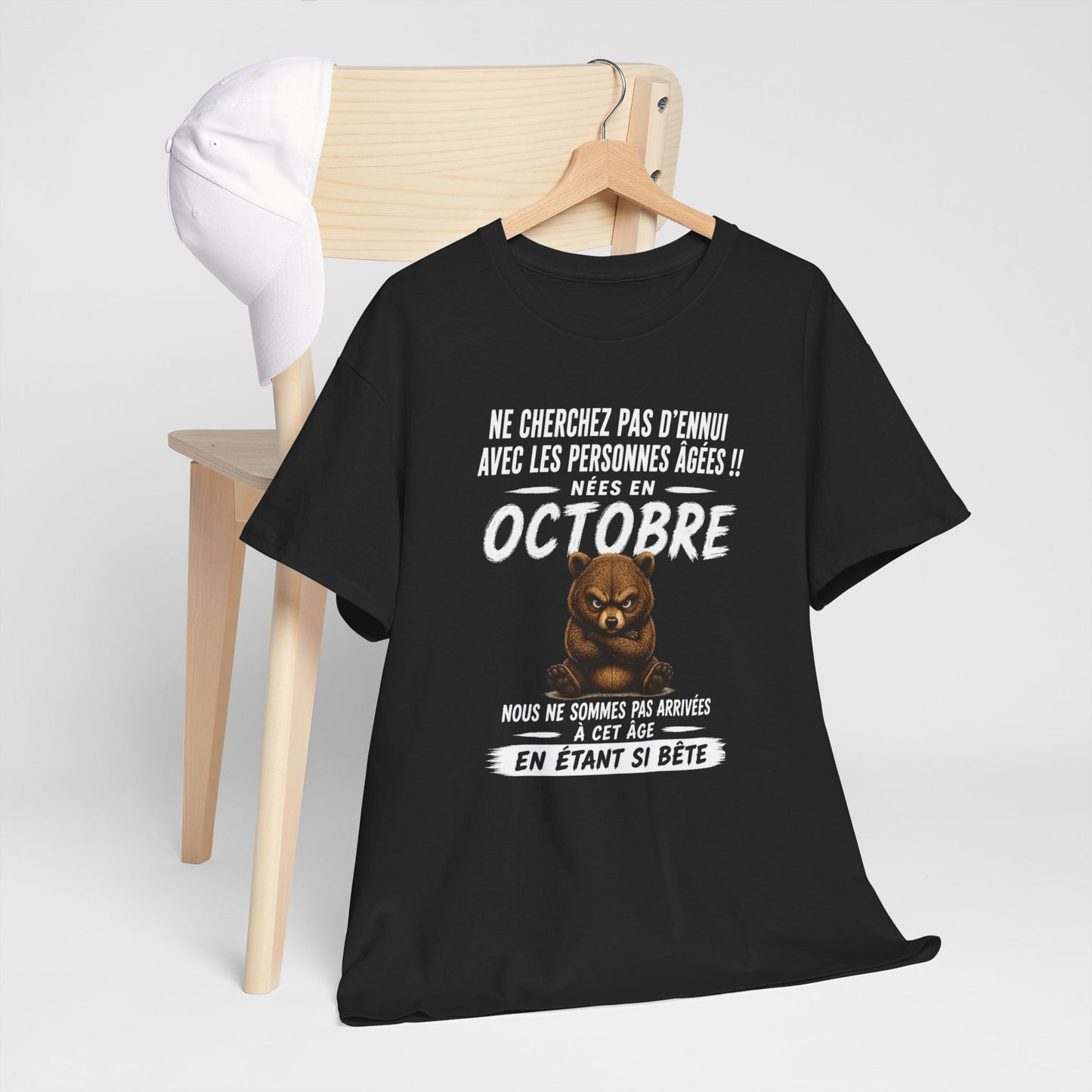 Tee-Shirt Né en Octobre Humour Senior – Cadeau Retraité Homme Femme – Ours Drôle Anniversaire Personne Âgée