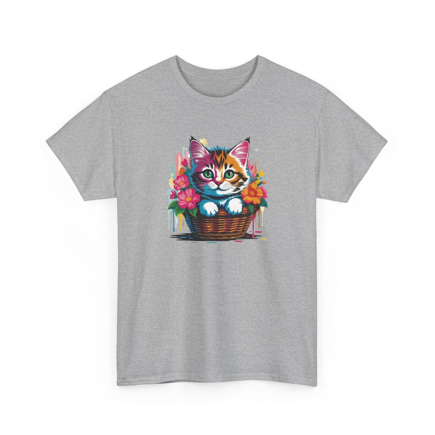 T-Shirt Chaton Mignon Adulte – Chat avec Fleurs Colorées – Tee Shirt Animal Cute Panier Noir Blanc Gris Cadeau
