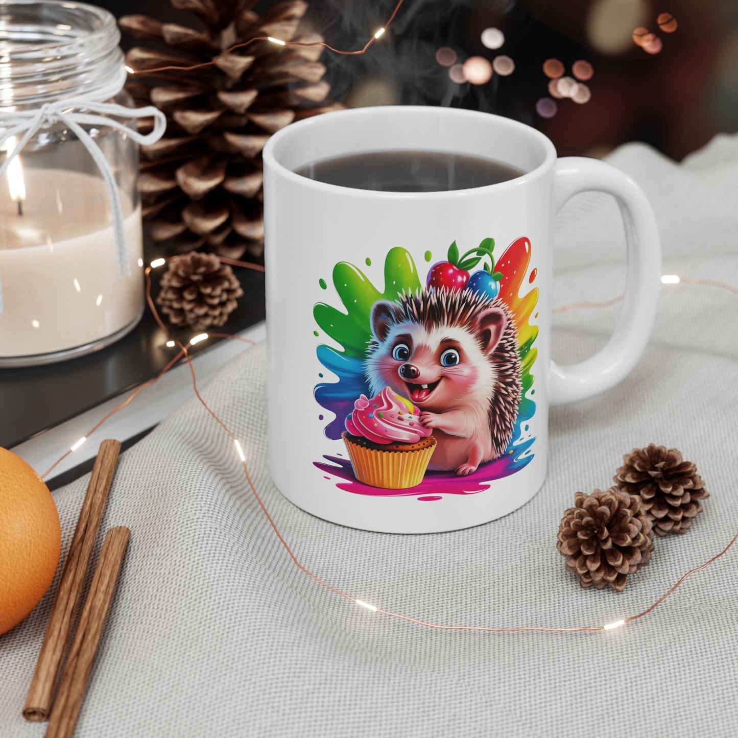 Tasse Hérisson Mignon avec Cupcake – Mug Animal Kawaii Coloré – Design Gourmand Bonbons Arc-en-ciel – Cadeau Fun et Sucré 325ml