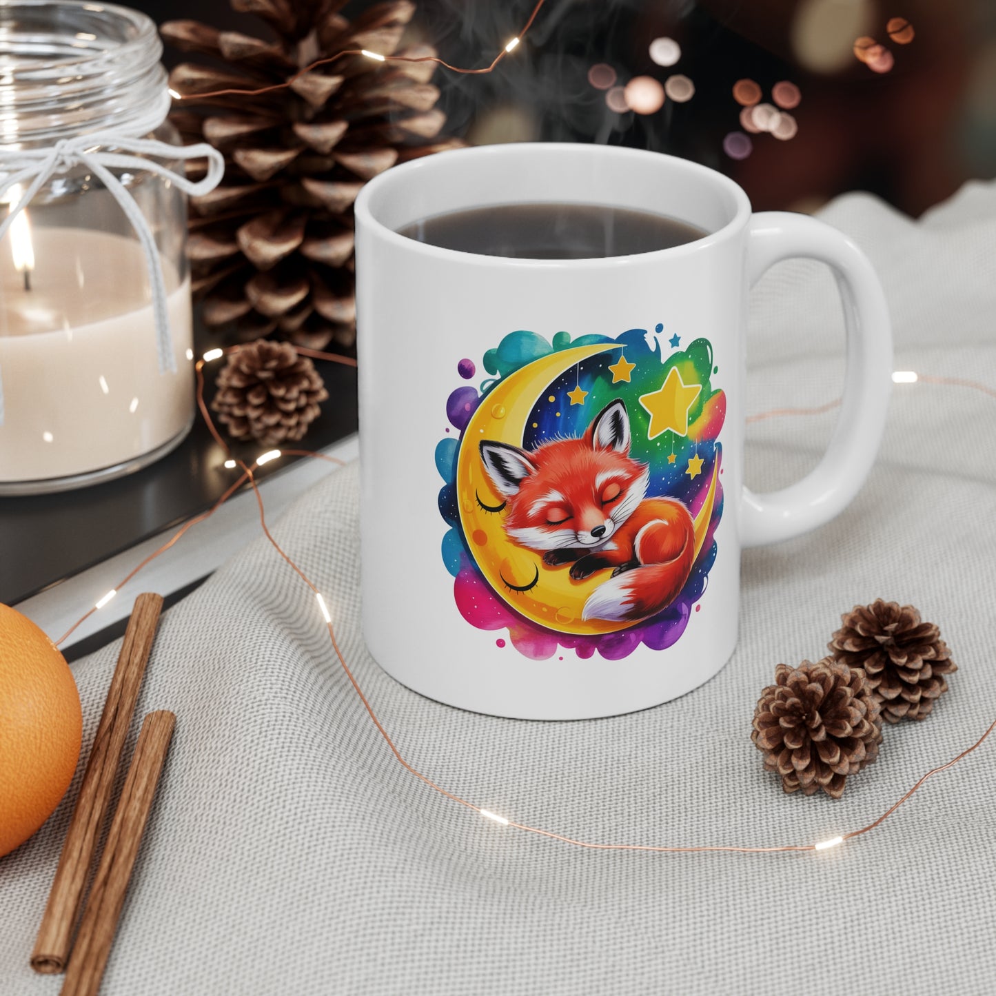 Tasse Renard Kawaii sur la Lune – Mug Animal Mignon Nuit Étoilée – Design Féérique et Coloré – Cadeau Doux et Relaxant 325ml