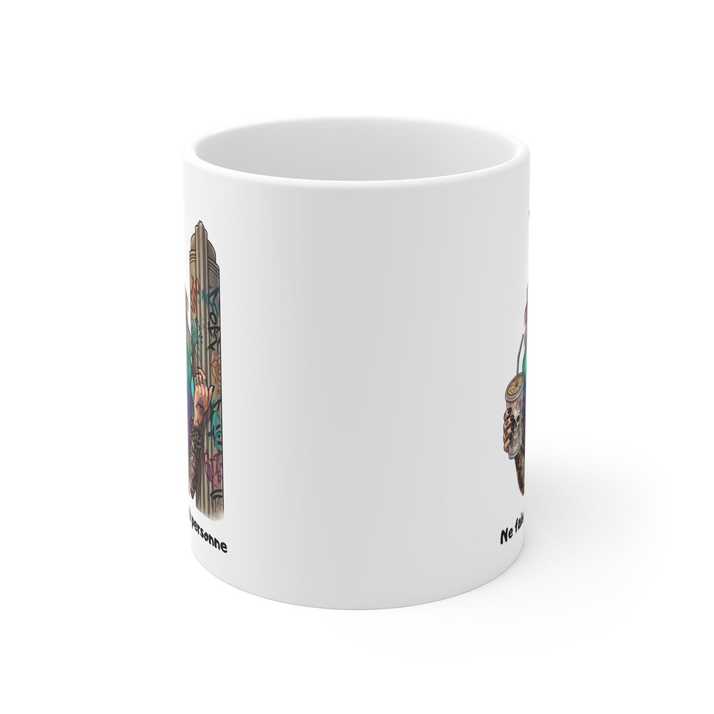 Mug Femme Tattoo Style Urbain – Tasse Illustration Street Art Femme Cheveux Colorés – Cadeau Original Femme