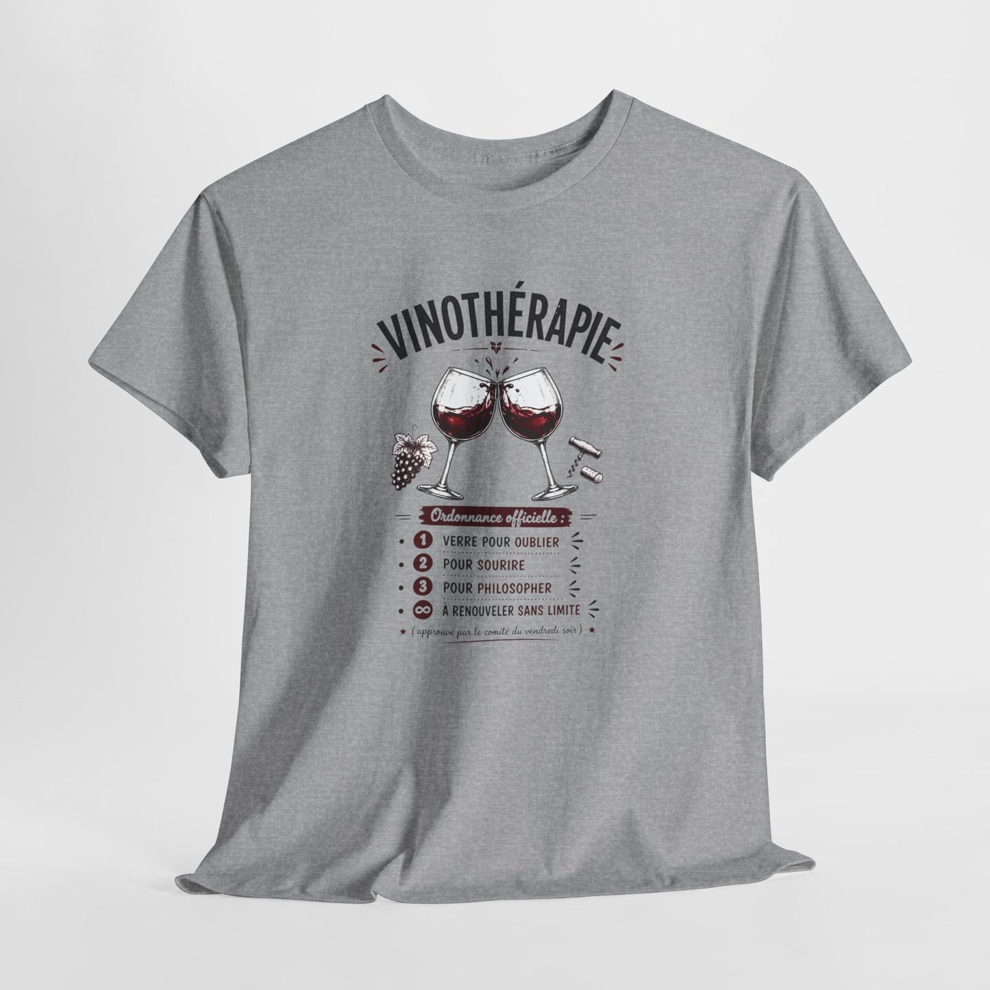 T-Shirt Vinothérapie Homme Femme – Tee Shirt Humour Vin Apéro – Cadeau Drôle Amateur Vin Soirée Noir Blanc Gris
