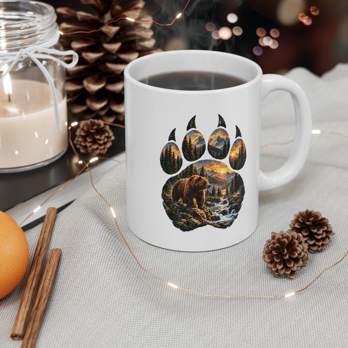 Mug Ours dans une Empreinte de Patte – Tasse Paysage Montagne, Forêt et Coucher de Soleil – Cadeau Original Amoureux des Ours