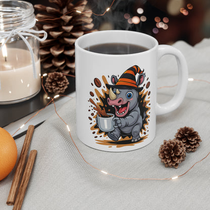 Mug Rhinocéros Sorcier Café – Tasse Céramique 325ml – Illustration Animalière Drôle Halloween