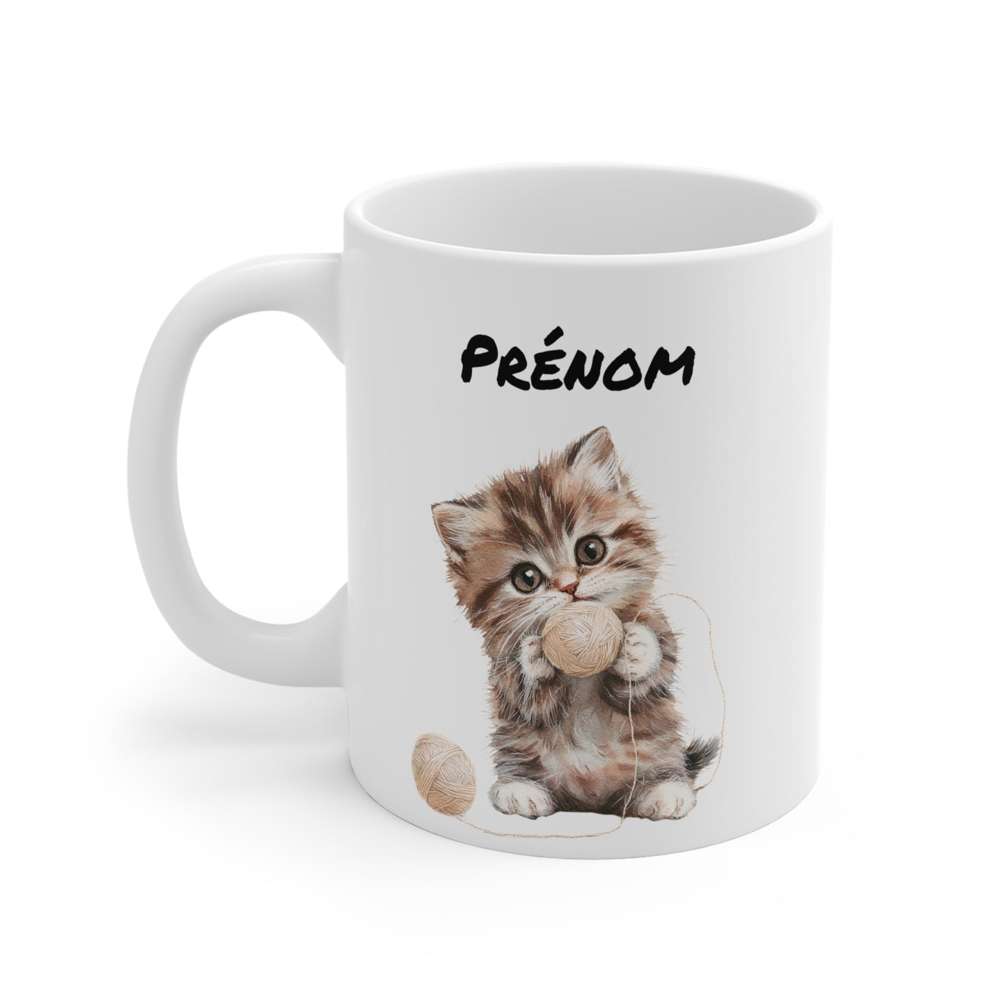 Tasse Personnalisable Chaton Brun Aquarelle – Mug Céramique 325 ml – Cadeau Prénom Mignon