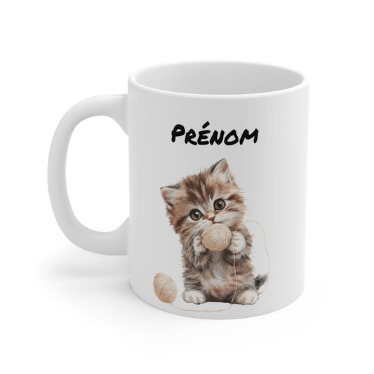 Tasse Personnalisable Chaton Brun Aquarelle – Mug Céramique 325 ml – Cadeau Prénom Mignon