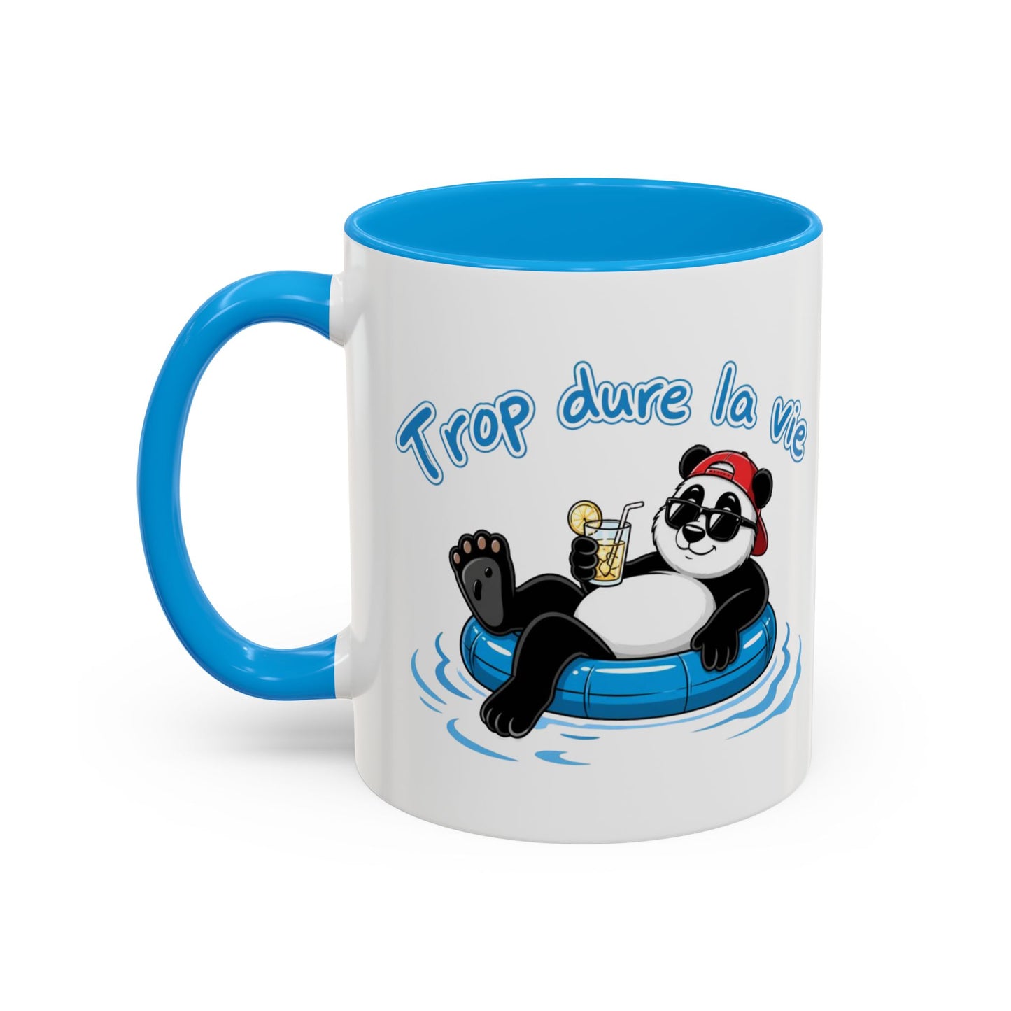 Mug Panda Relax Humour – “Trop Dure La Vie” – Tasse Panda Bouée Cocktail Vacances – Cadeau Drôle Homme Femme – Céramique 325ml Noir Bleu Rouge