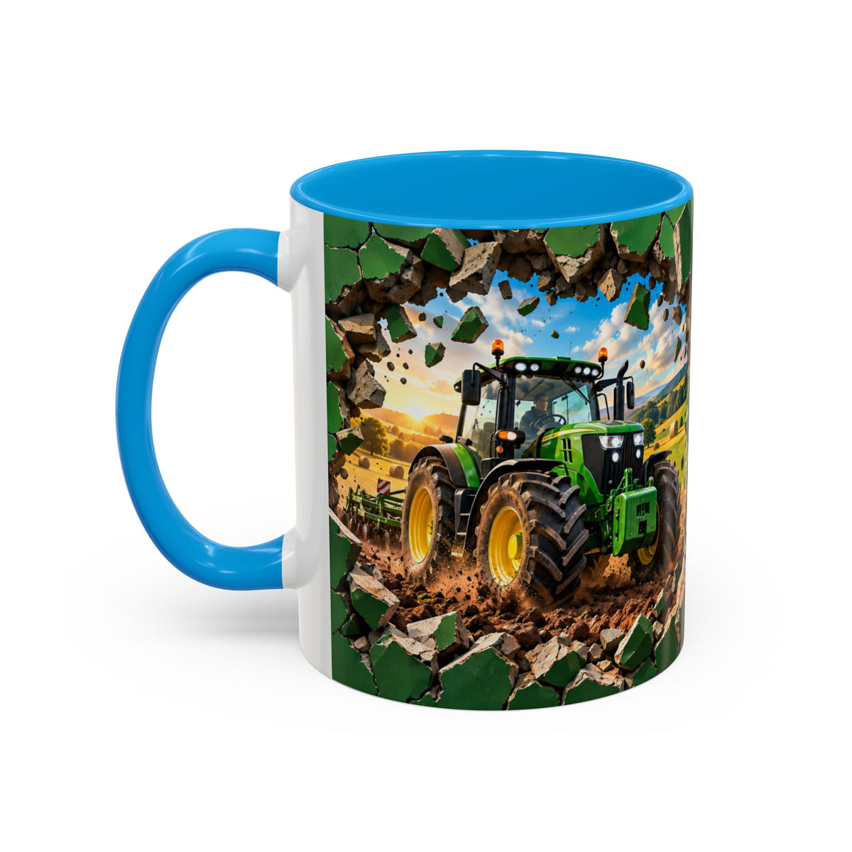 Mug Tracteur Agricole Vert – Tasse Agriculture avec Champ et Effet Mur Brisé – Cadeau Original Agriculteur Passionné de Tracteurs