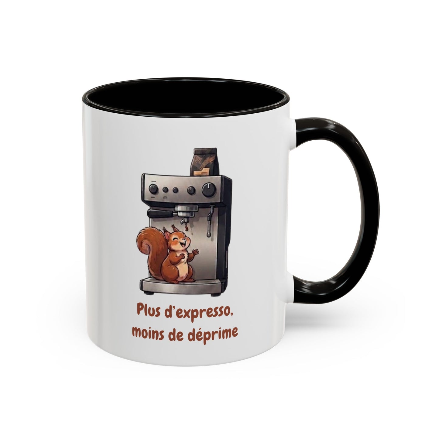 Tasse Drôle Café Plus d'Expresso Moins de Déprime – Mug Écureuil Machine à Café Homme Femme – Cadeau Amateur de Café Expresso Barista 325 ml