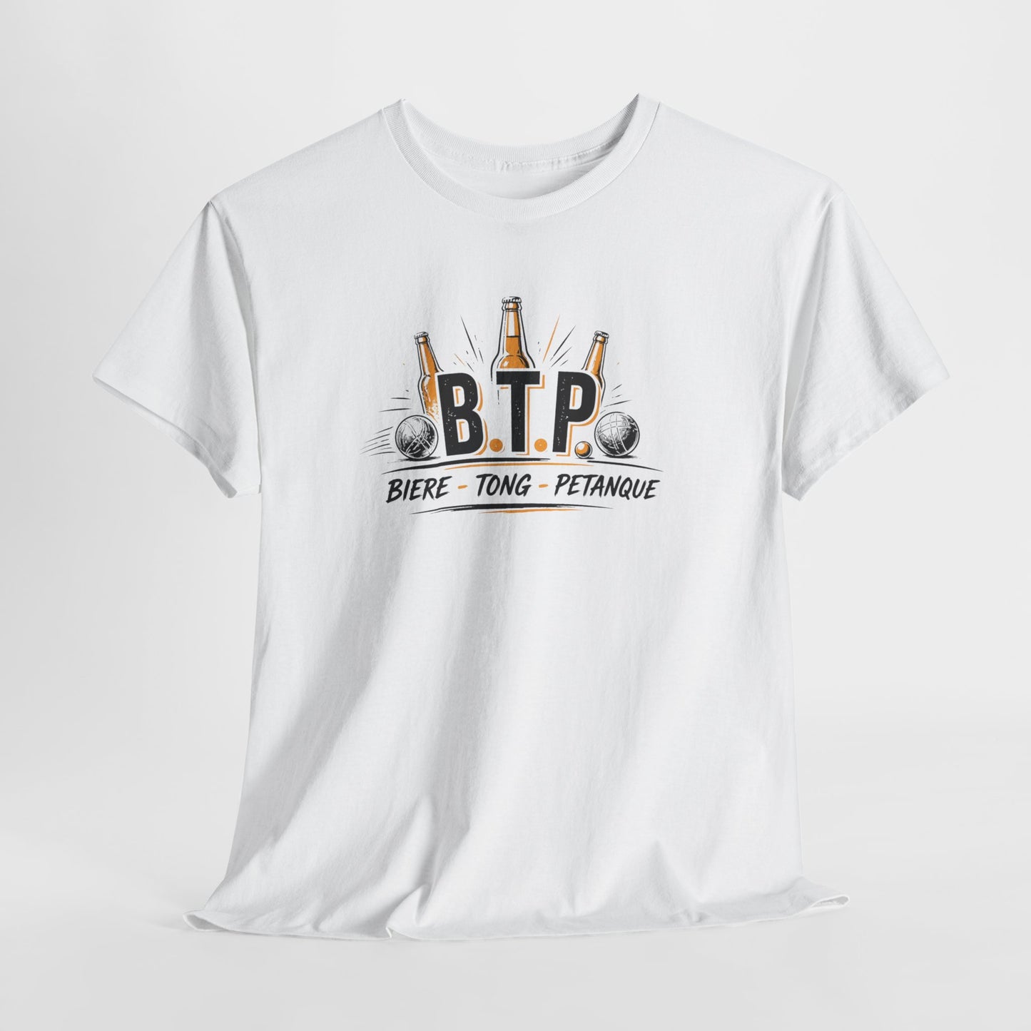 T-Shirt BTP Bière Tong Pétanque Homme Femme – Tee Shirt Humour Apéro Pétanque – Cadeau Été Vacances Noir Blanc Gris