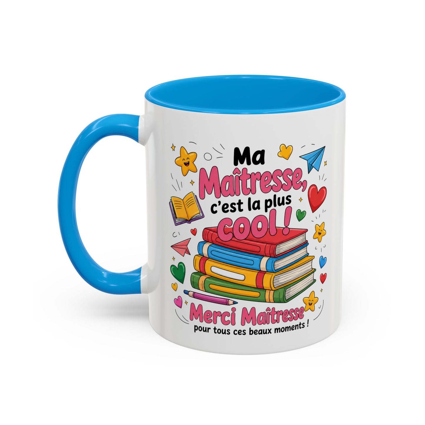 Tasse Merci Maîtresse – Mug Cadeau Fin d’Année École Primaire – Remerciement Enseignante 325ml Noir Bleu Rouge