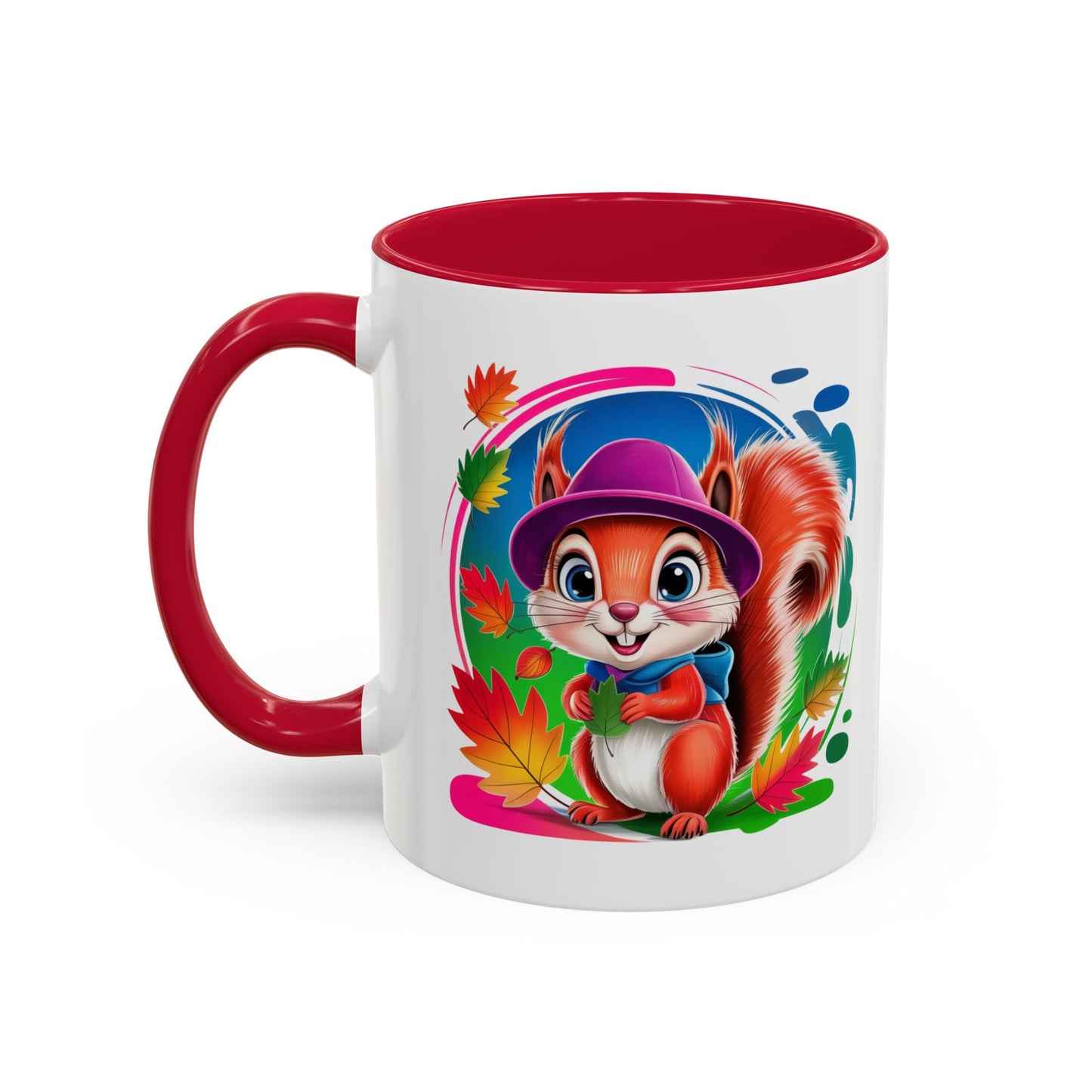 Mug Écureuil Mignon – Tasse Animal Automne Feuilles Colorées Kawaii – Cadeau Original Enfant Adulte – Céramique 325ml Noir Bleu Rouge