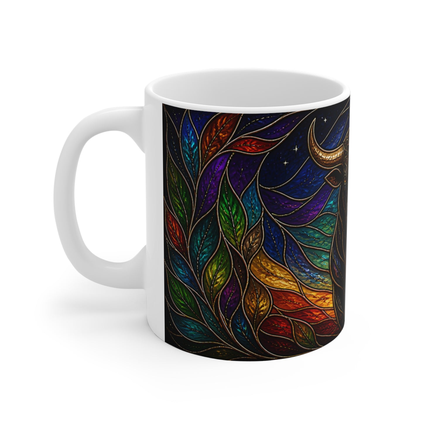 Tasse Taureau Mystique Vitrail – Mug Signe Astrologique Taureau Lune Étoiles Art Fantasy Coloré Cadeau Homme Femme Enfant 325ml