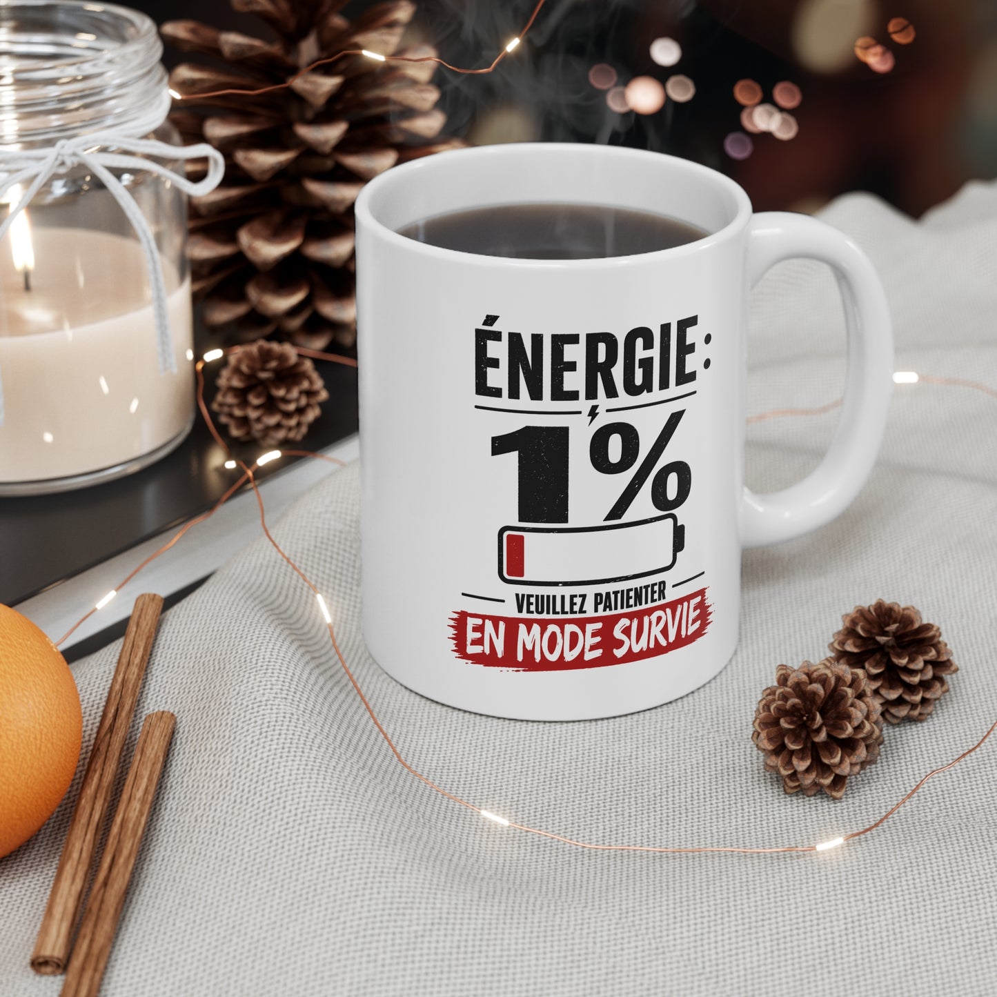 Tasse Énergie 1% En Mode Survie – Mug Humour Fatigue Vintage – Cadeau Drôle Homme Femme 325ml