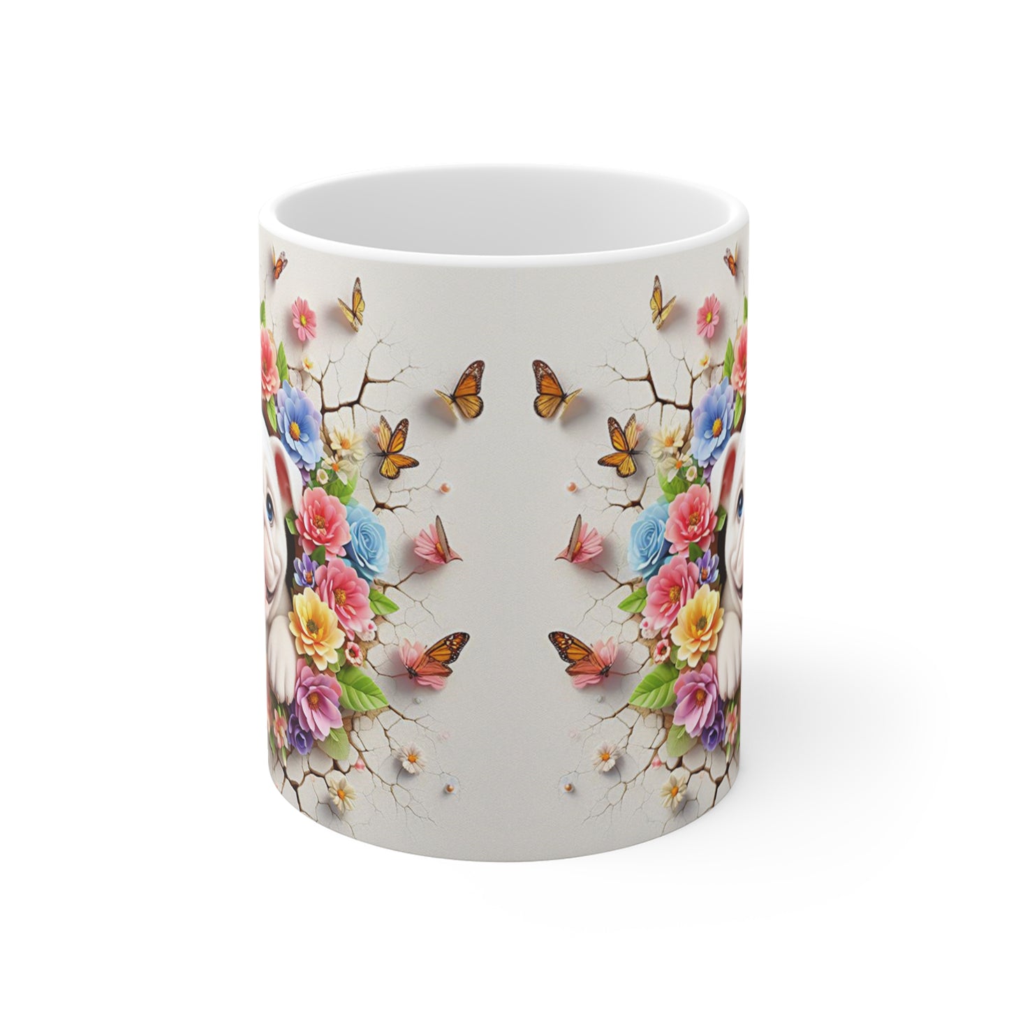 Tasse Céramique Bulldog et Fleurs – Mug Chien Mignon Papillons – Cadeau Animaux Bohème 325ml