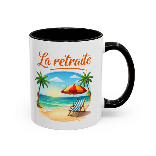 Mug Retraite Plage Tropicale – Tasse Vacances Soleil Mer Palmiers – Cadeau Départ Retraite Homme Femme – Céramique 325ml Noir Bleu Rouge
