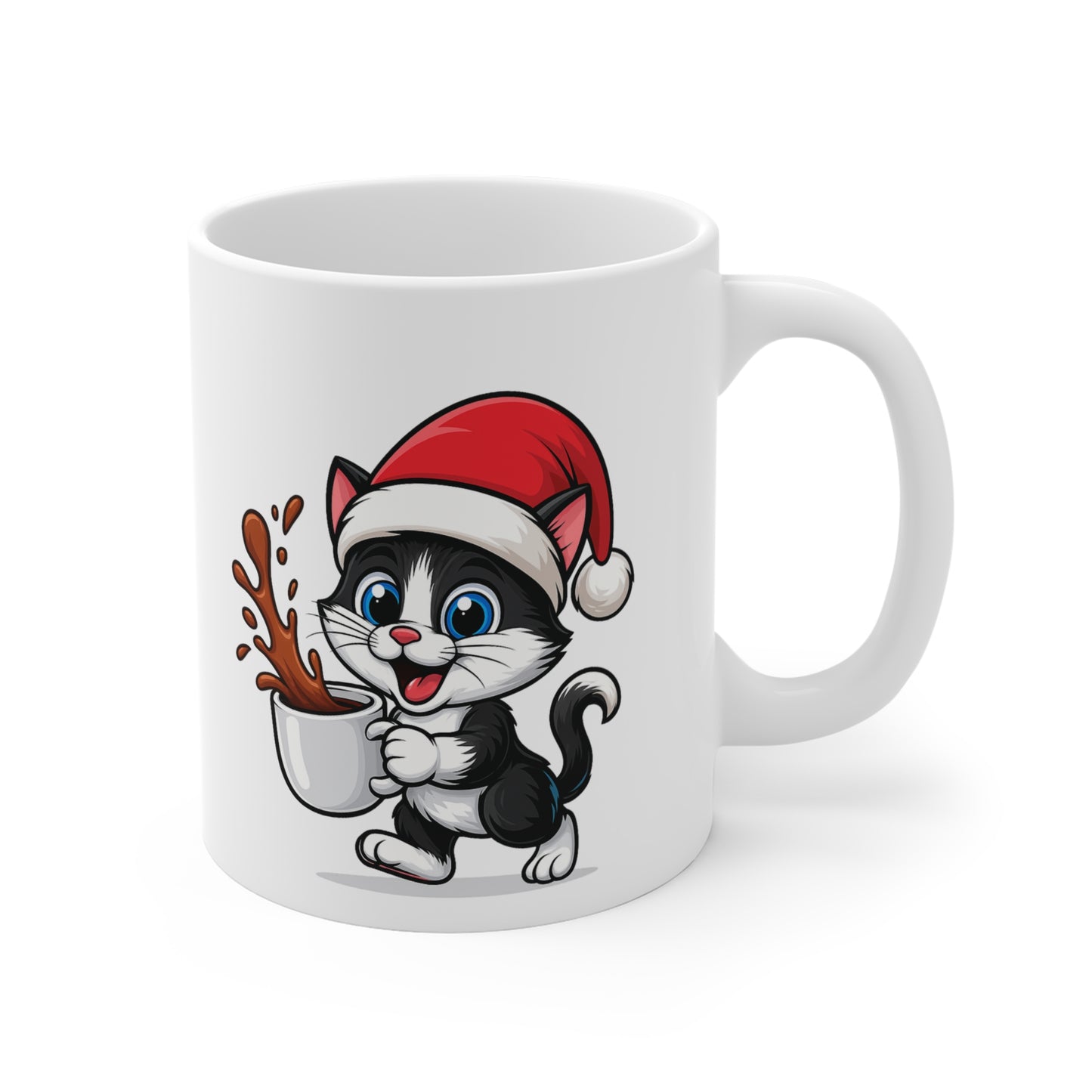 Mug Chat Noël 325ml – Tasse Céramique Mignonne avec Bonnet Rouge – Cadeau Fêtes Original
