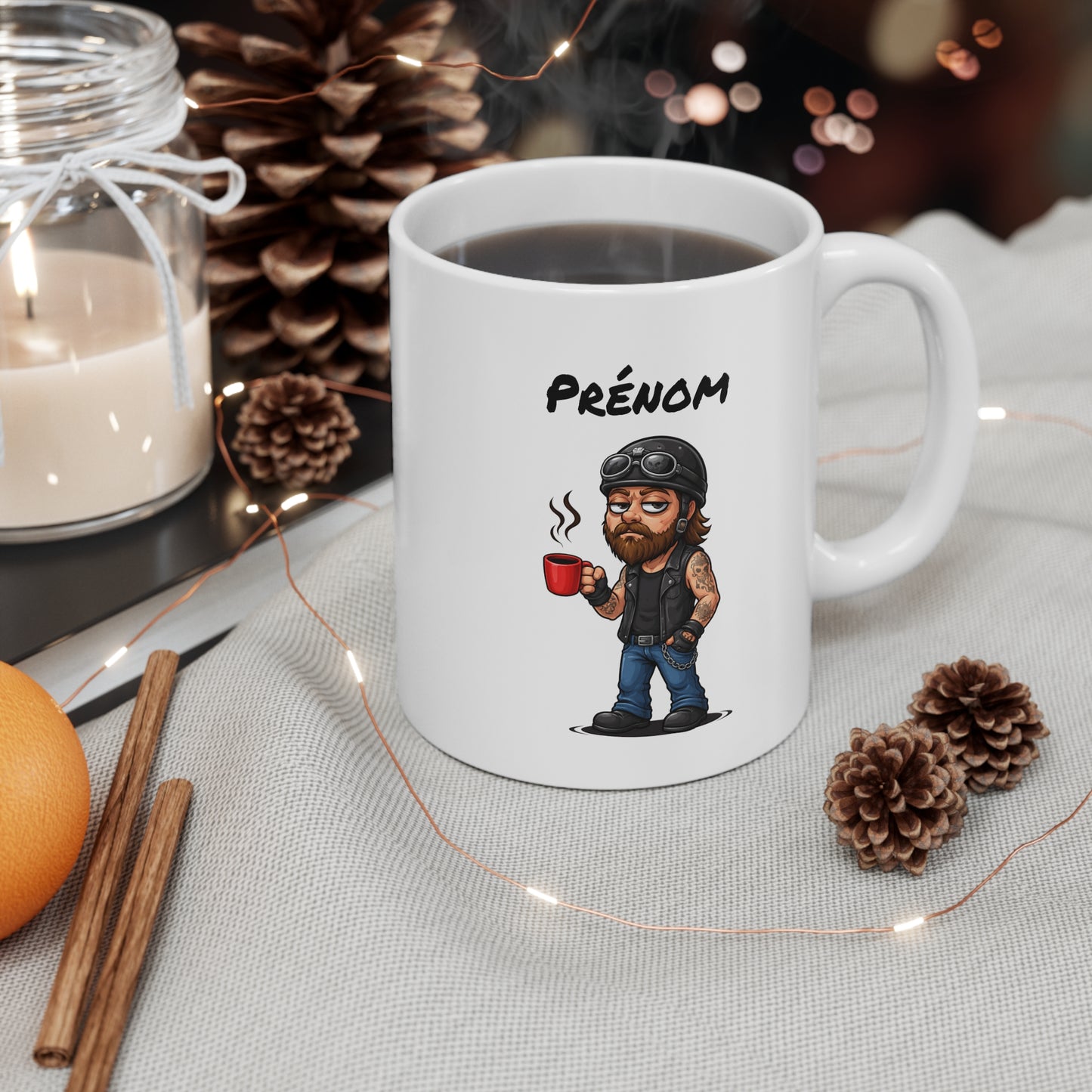Tasse Motard Fatigué avec Café – Mug Biker Style Rock – Illustration Homme Barbu Casque Moto 325ml – Cadeau Original