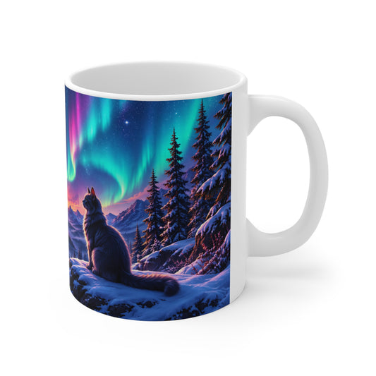 Mug Chat sous les Aurores Boréales – Tasse Paysage Hivernal avec Montagnes, Neige et Lac – Cadeau Original Amoureux des Chats