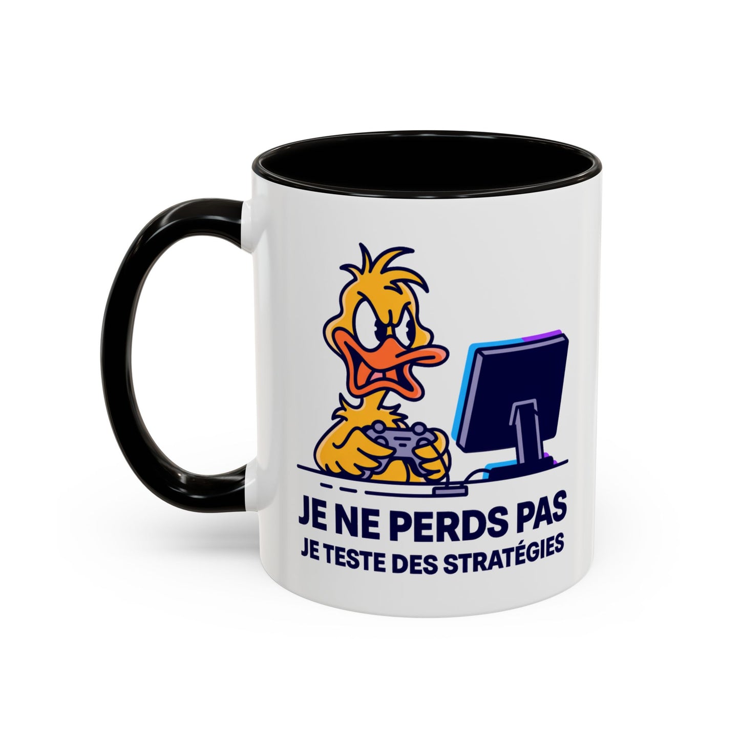 Mug Gamer Humour Canard – Je Ne Perds Pas Je Teste Des Stratégies – Tasse Gaming Drôle Console Jeux Vidéo – Cadeau Gamer Homme Femme – Céramique 325ml Noir Bleu Rouge