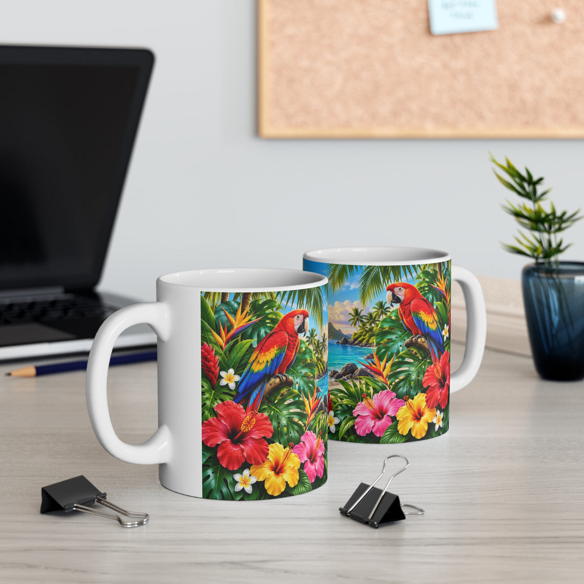 Mug Perroquets Ara dans un Paradis Tropical – Tasse Plage Exotique avec Fleurs, Palmiers et Coucher de Soleil – Cadeau Original Amoureux des Oiseaux