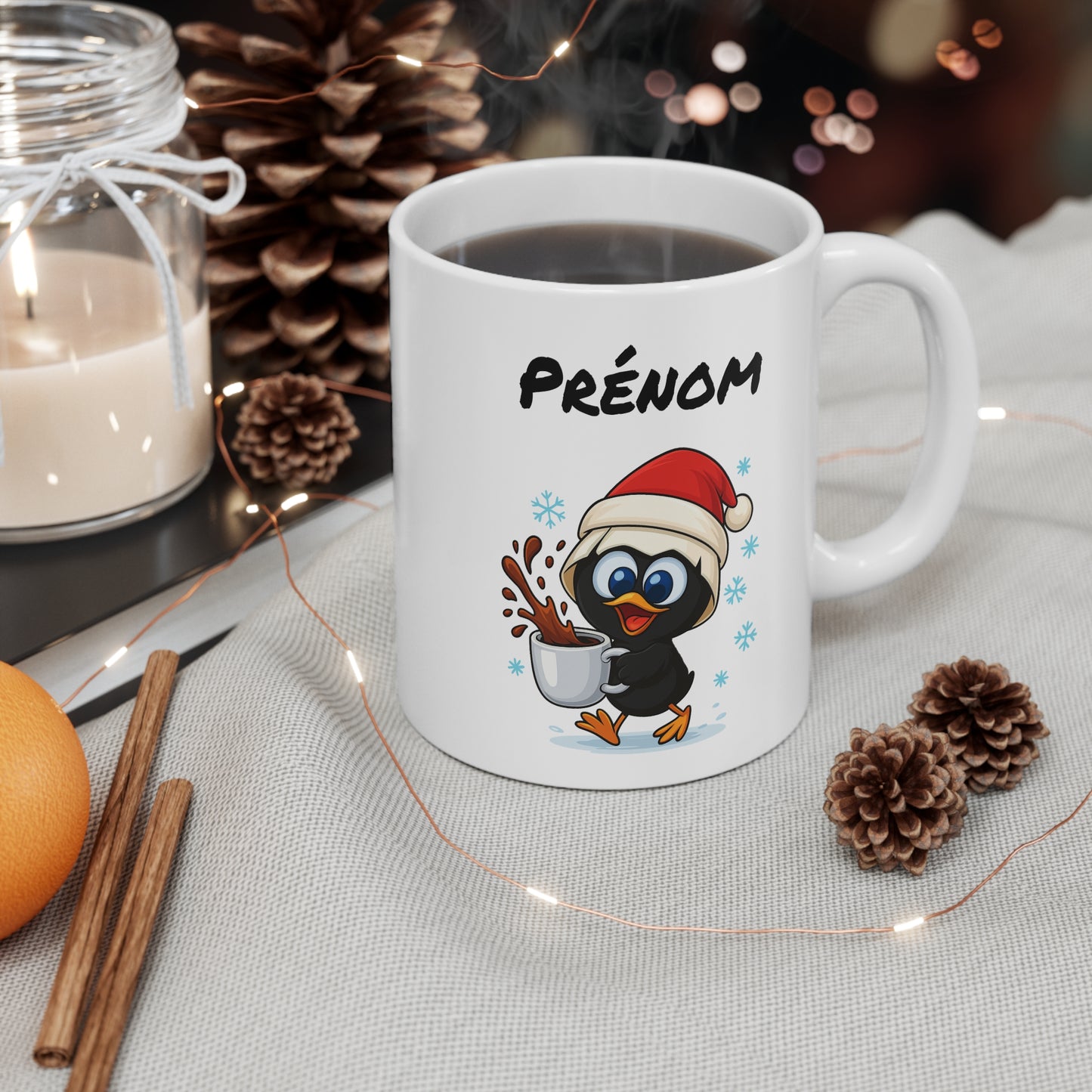 Tasse Personnalisable Calimero  Poussin Noël – Mug Prénom Festif Flocons Mignon 325ml – Cadeau Original Café