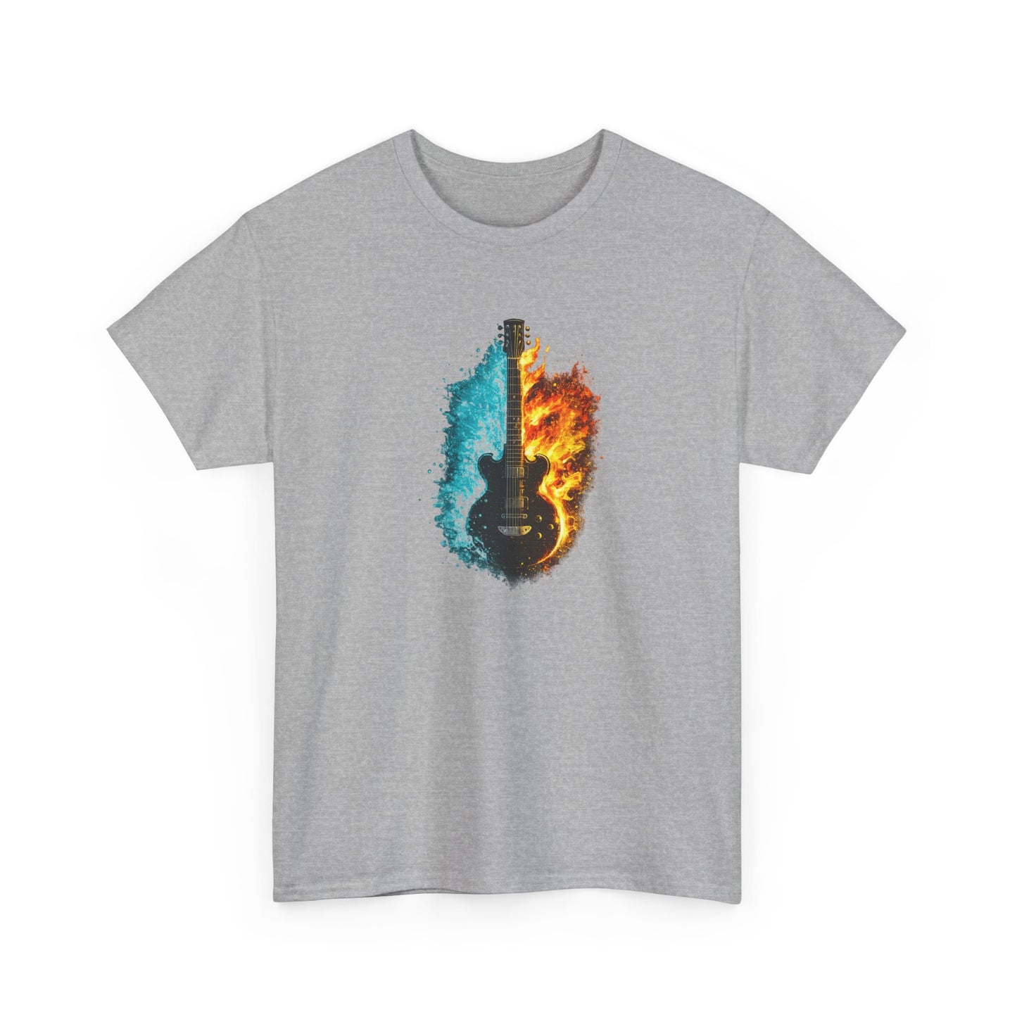 T-Shirt Guitare Feu et Glace – Design Électrique Artistique – Tee-Shirt Musique Rock Original