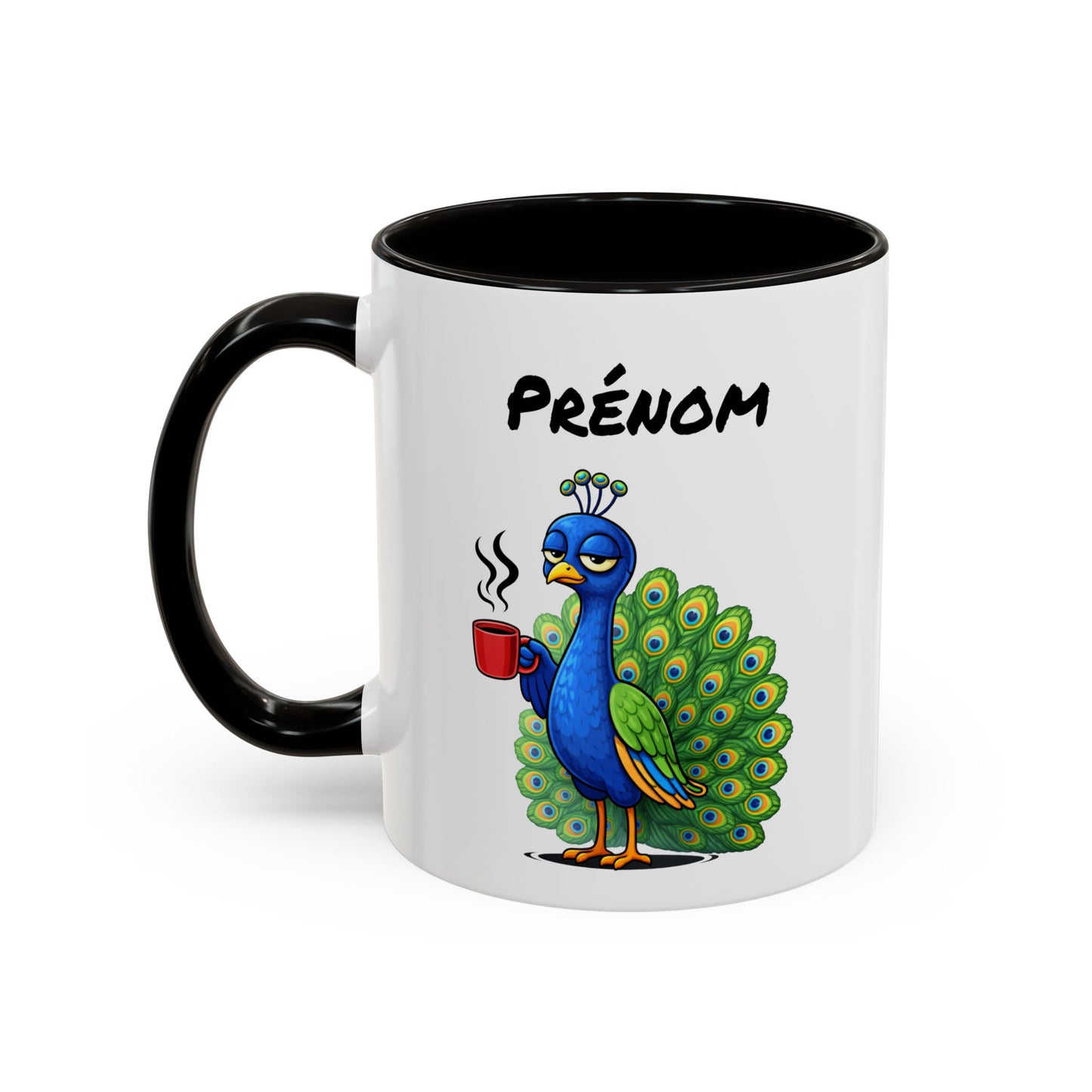 Tasse Paon Fatigué avec Café – Mug Animal Coloré et Humour – Illustration Oiseau Mignon 325ml