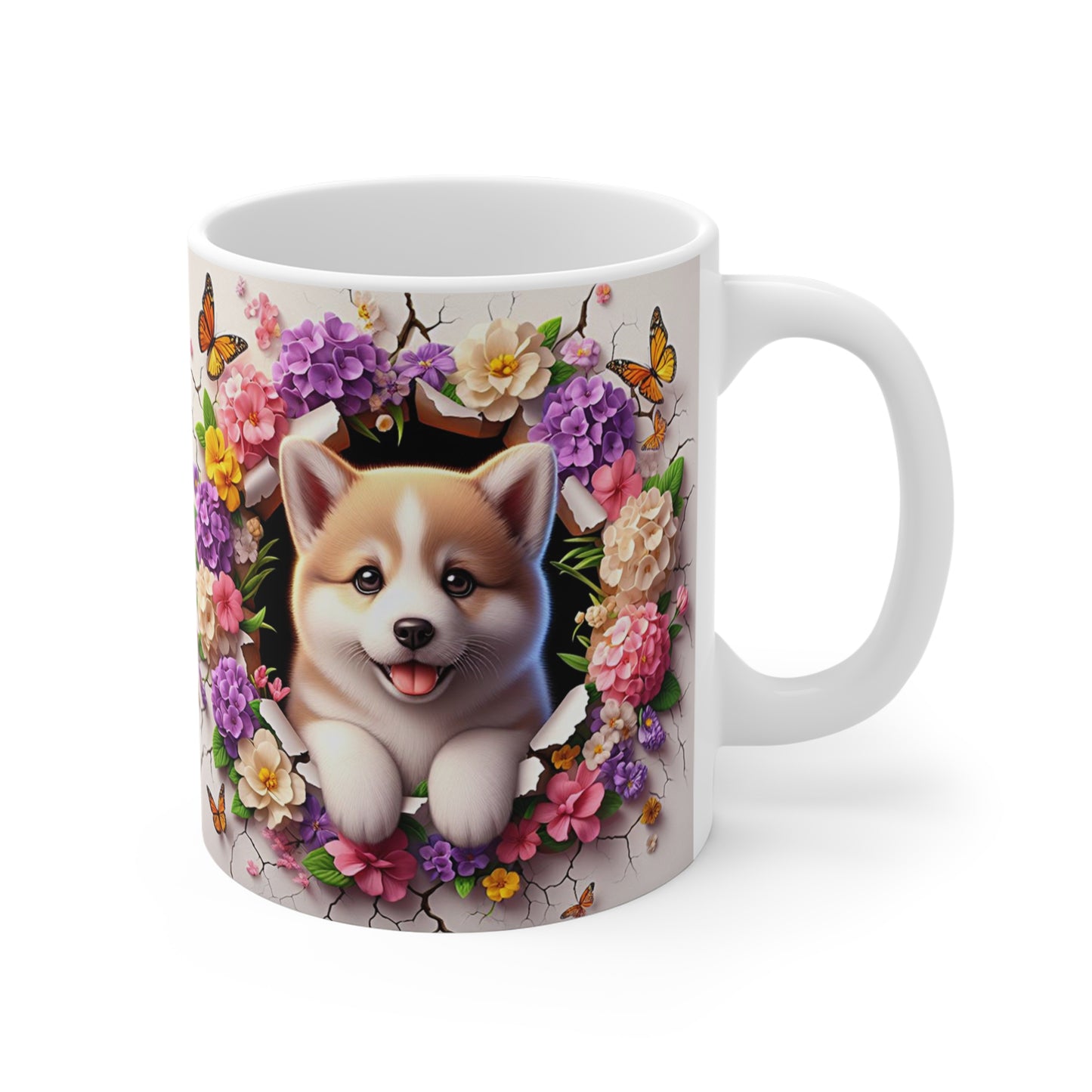 Tasse Céramique Akita Inu et Fleurs – Mug Chien Mignon Papillons – Cadeau Animaux Bohème 325ml