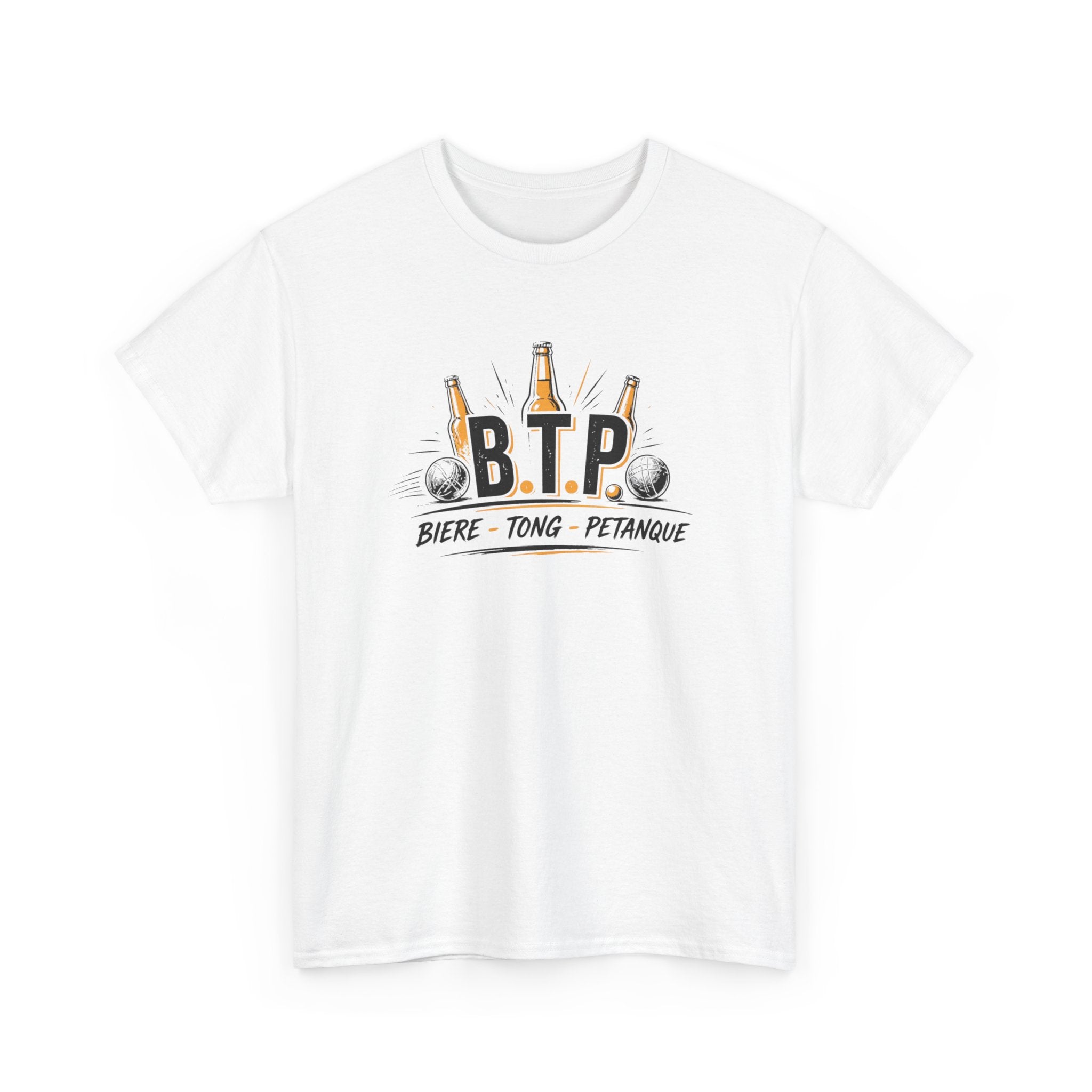 T-Shirt BTP Bière Tong Pétanque Homme Femme – Tee Shirt Humour Apéro Pétanque – Cadeau Été Vacances Noir Blanc Gris
