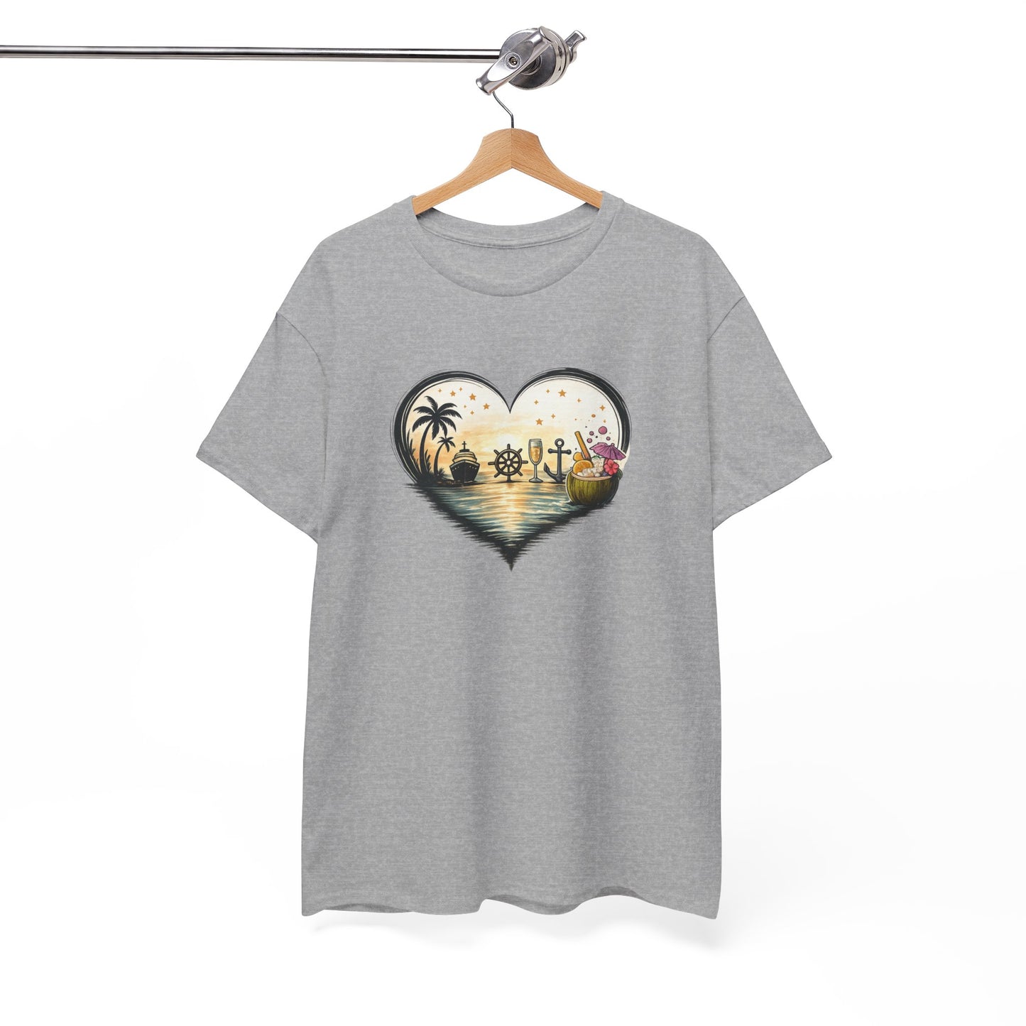 T-Shirt Cœur Océan Tropical – Design Voyage Mer et Cocktails – Tee-Shirt Ambiance Vacances et Liberté