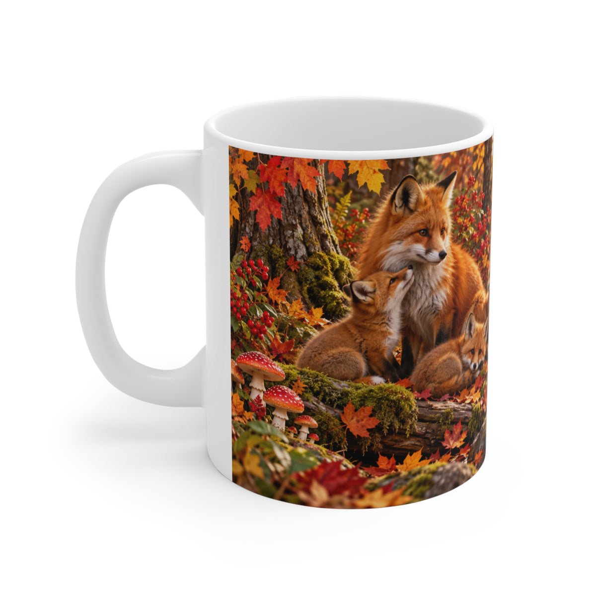 Mug Famille de Renards en Forêt d’Automne – Tasse Animaux Sauvages avec Feuilles, Rivière et Champignons – Cadeau Original Amoureux de la Nature