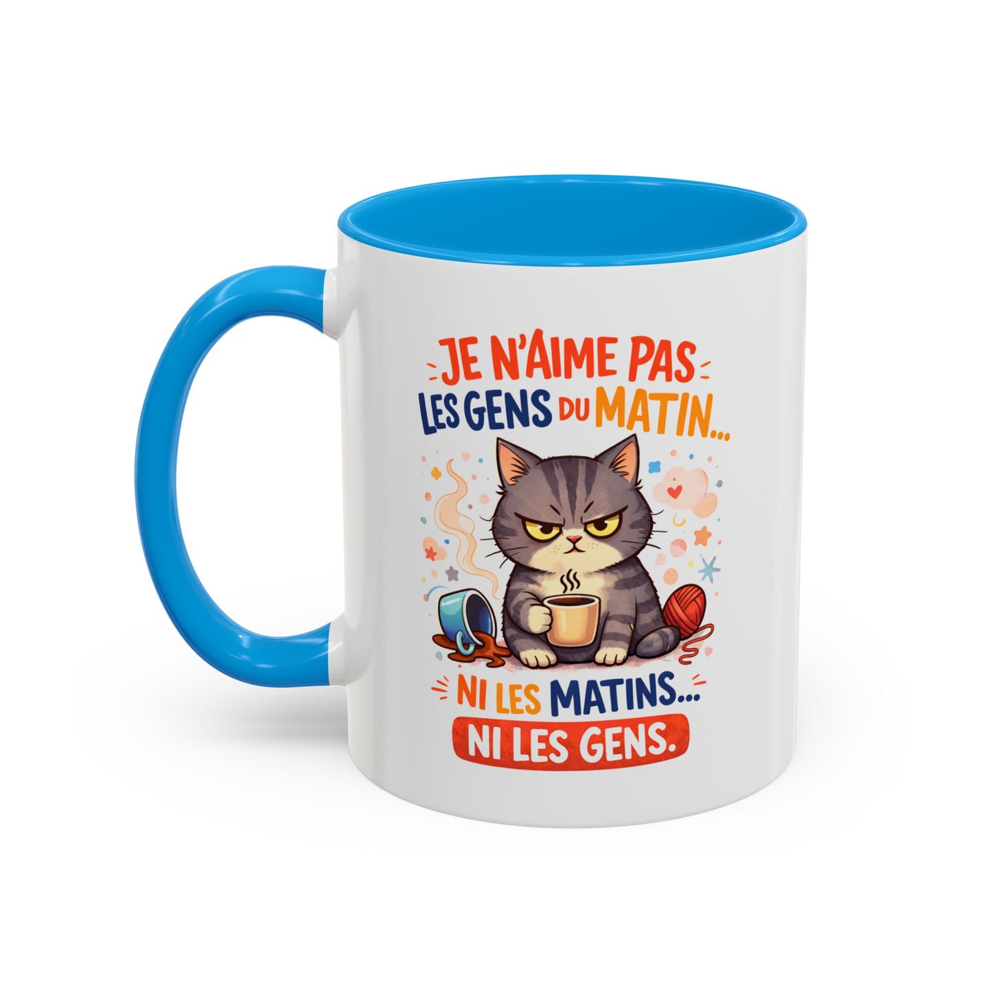 Tasse Chat Drôle “Je n’aime pas les gens du matin” – Mug Humour Chat Café Noir Bleu Rouge – Cadeau Original Amoureux des Chats 325ml