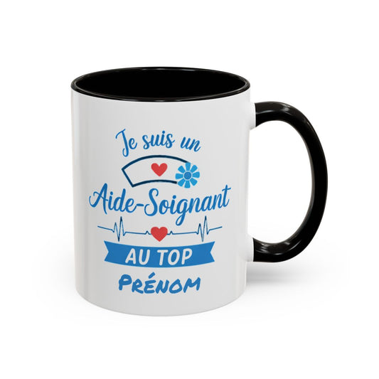 Tasse Aide-Soignant Personnalisée – Mug Métier Santé Cadeau Collègue – Céramique 325ml – Noir Bleu Rouge
