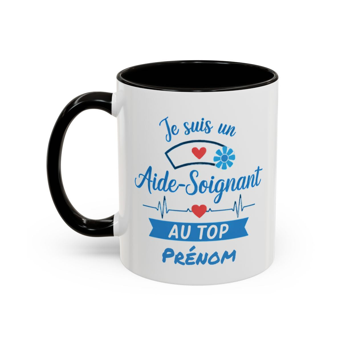 Tasse Aide-Soignant Personnalisée – Mug Métier Santé Cadeau Collègue – Céramique 325ml – Noir Bleu Rouge