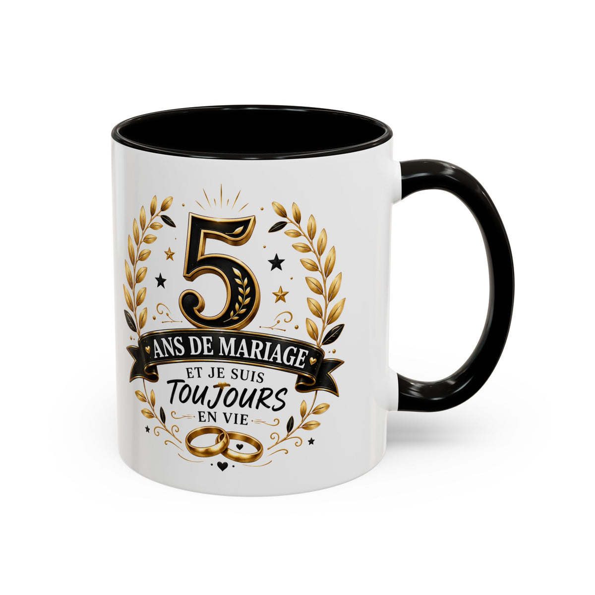 Mug 5 Ans de Mariage et Je Suis Toujours en Vie – Tasse Humoristique Anniversaire de Mariage – Idée Cadeau Couple Noces de Bois noir bleu rouge