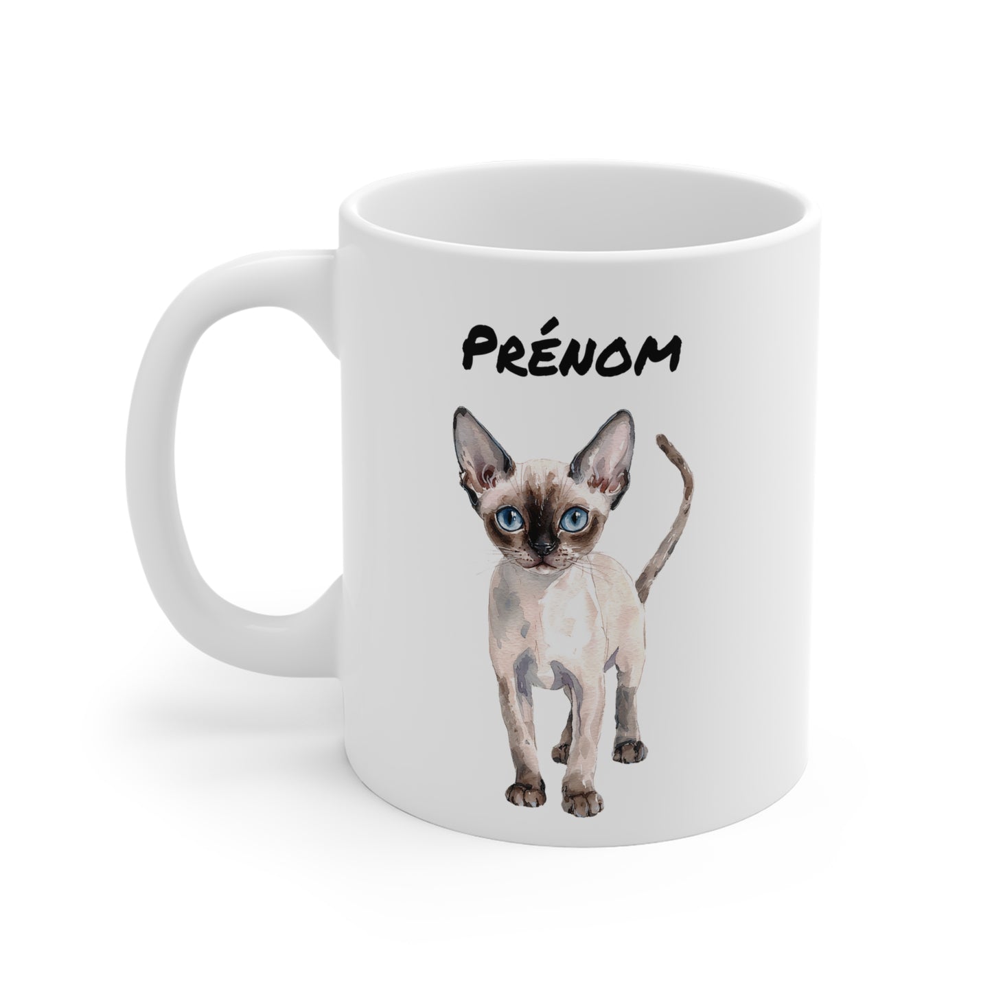 Tasse Personnalisable Chat Siamois Aquarelle – Mug Céramique 325 ml – Cadeau Prénom Élégant