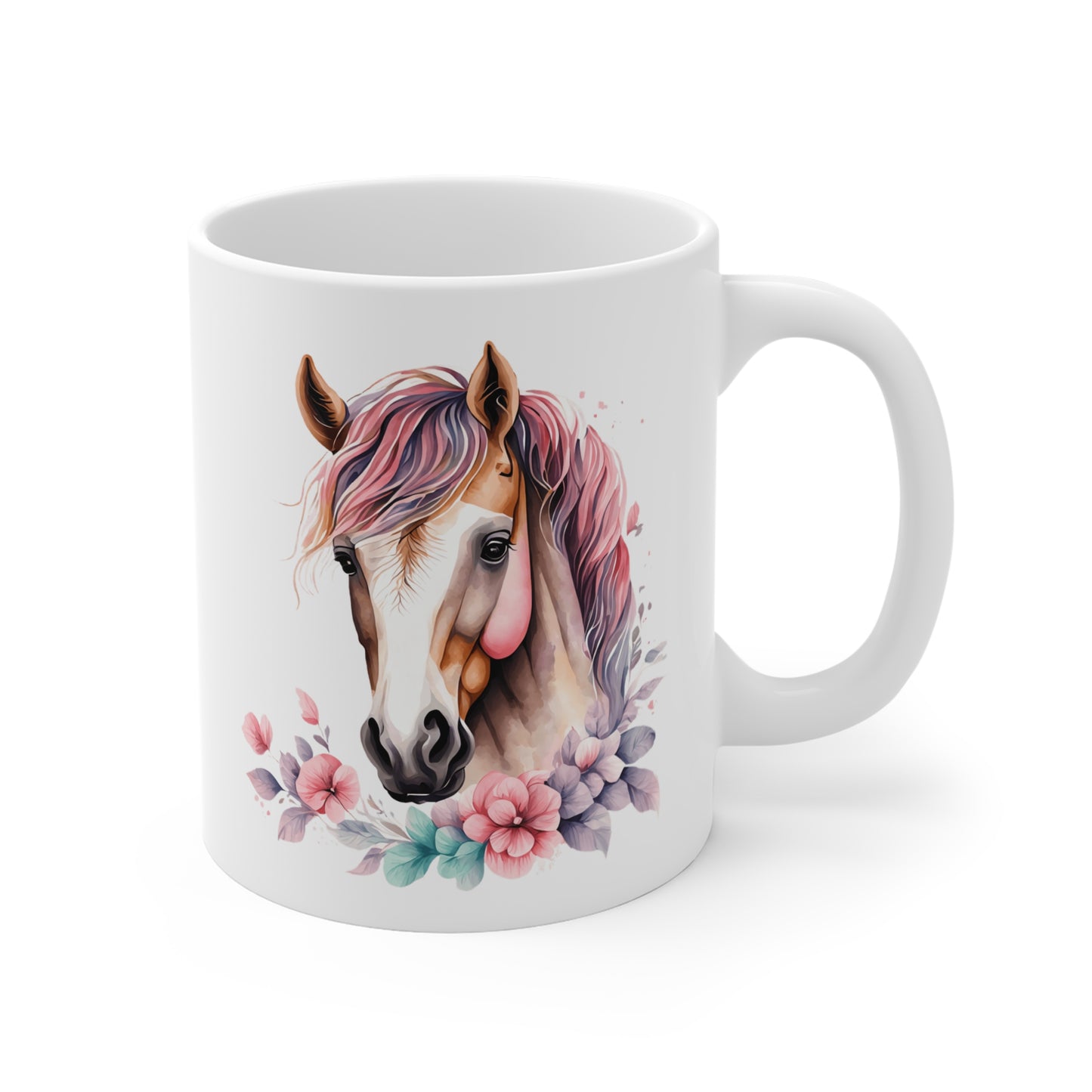 Mug Cheval Aquarelle 325ml – Tasse Céramique Design Équestre avec Fleurs – Cadeau Original Cavalier