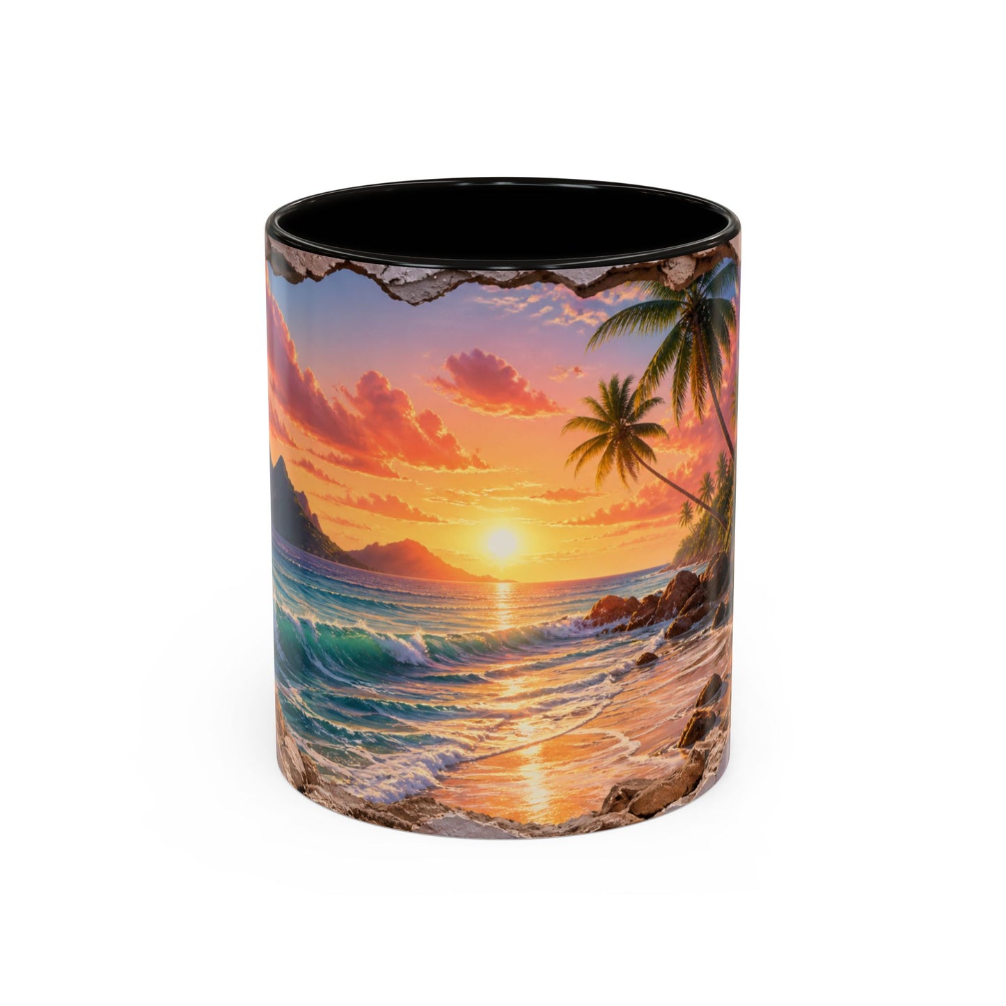 Tasse Plage Tropicale et Océan – Mug Paysage Paradis Exotique – Design Artistique Effet Mur Cassé – Céramique 325ml