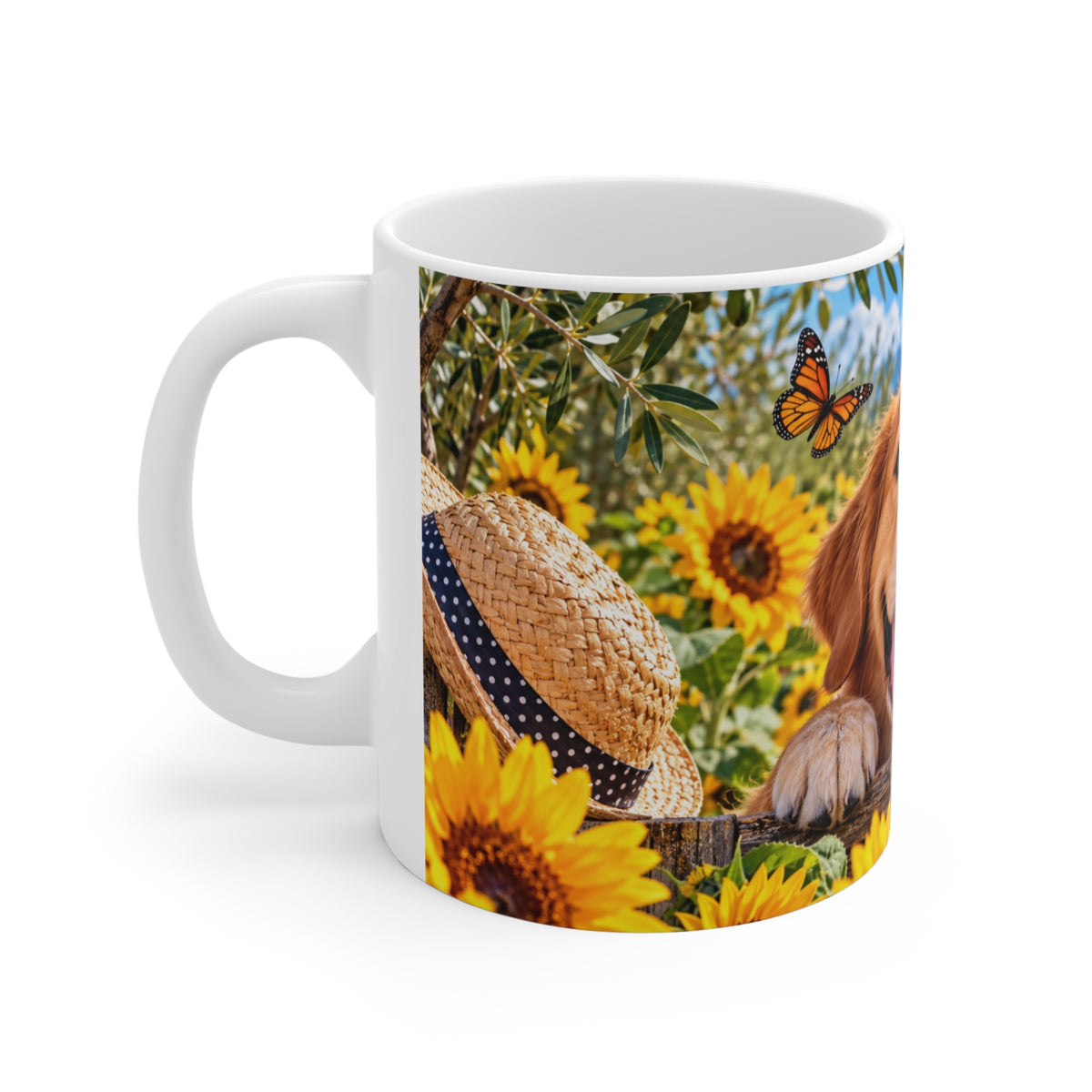 Mug Golden Retriever dans un Champ de Tournesols – Tasse Chien avec Papillon et Paysage de Campagne – Cadeau Original Amoureux des Chiens