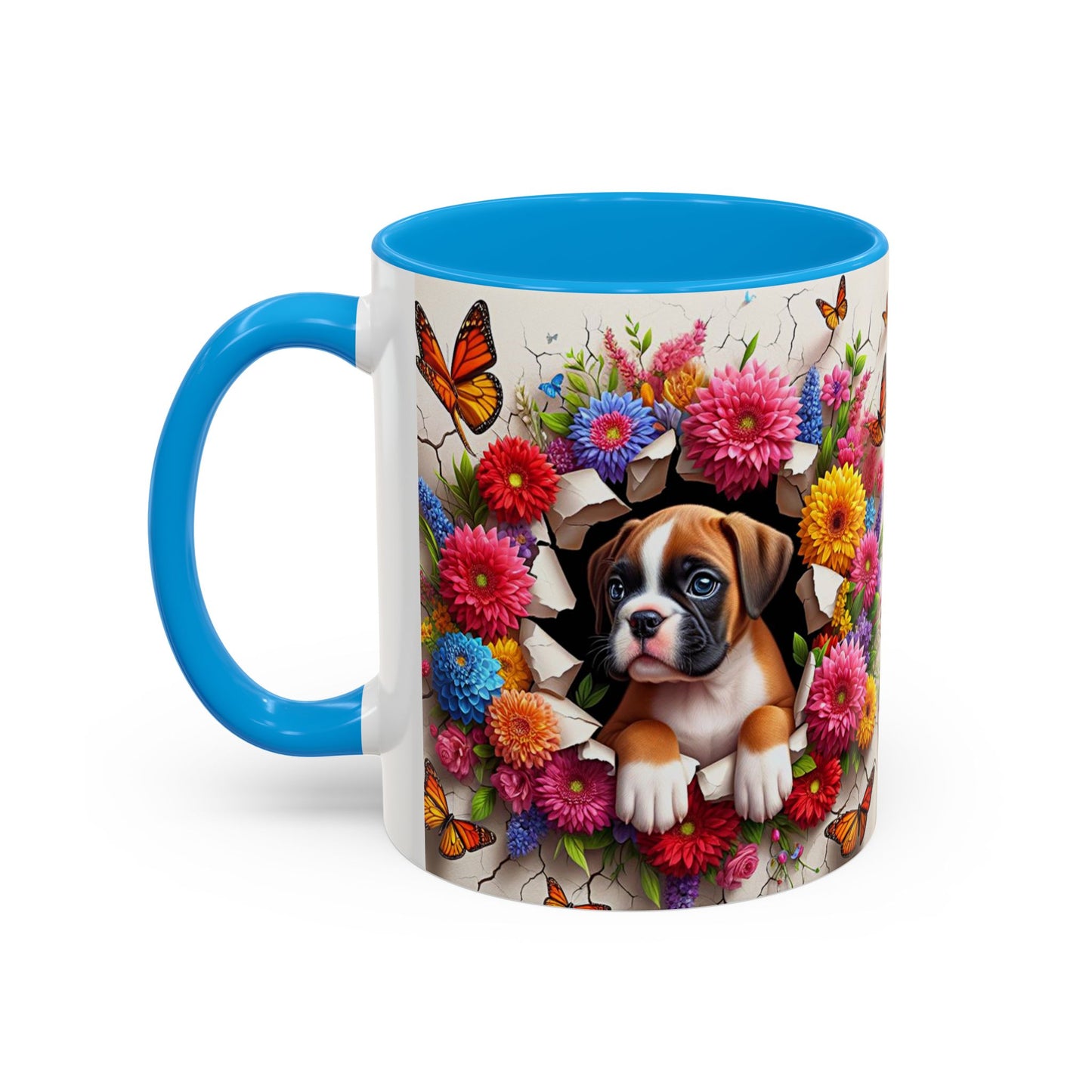 Mug Boxer Kawaii – Tasse Chiot Boxer avec Fleurs Colorées et Papillons – Cadeau Amoureux des Chiens 325ml