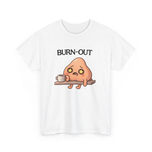 Tee Shirt Burn Out Humour Travail – Personnage Fatigué avec Café – T-shirt Drôle Bureau Blanc Gris Noir