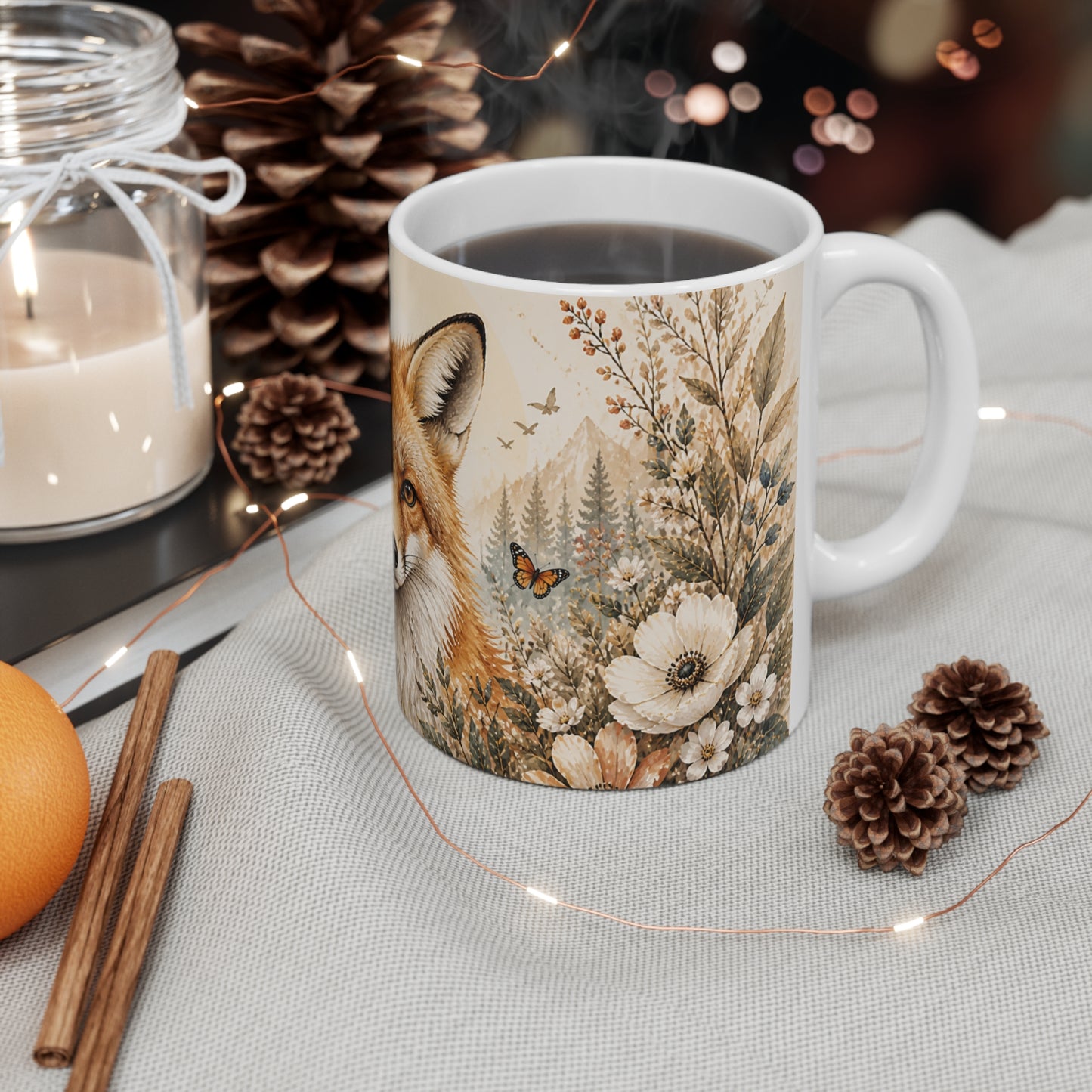 Tasse Renard Floral Vintage – Mug Animal Forêt Nature – Cadeau Homme Femme Enfant 325ml