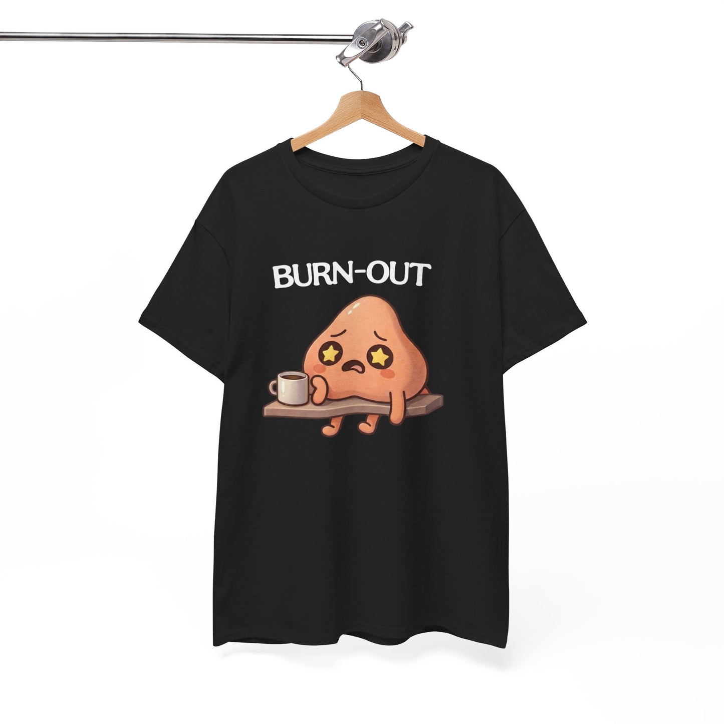 Tee Shirt Burn Out Humour Travail – Personnage Fatigué avec Café – T-shirt Drôle Bureau Blanc Gris Noir