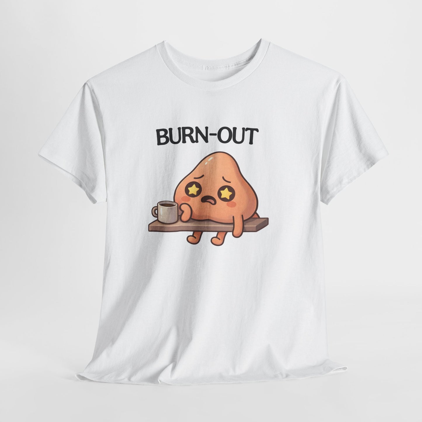 Tee Shirt Burn Out Humour Travail – Personnage Fatigué avec Café – T-shirt Drôle Bureau Blanc Gris Noir
