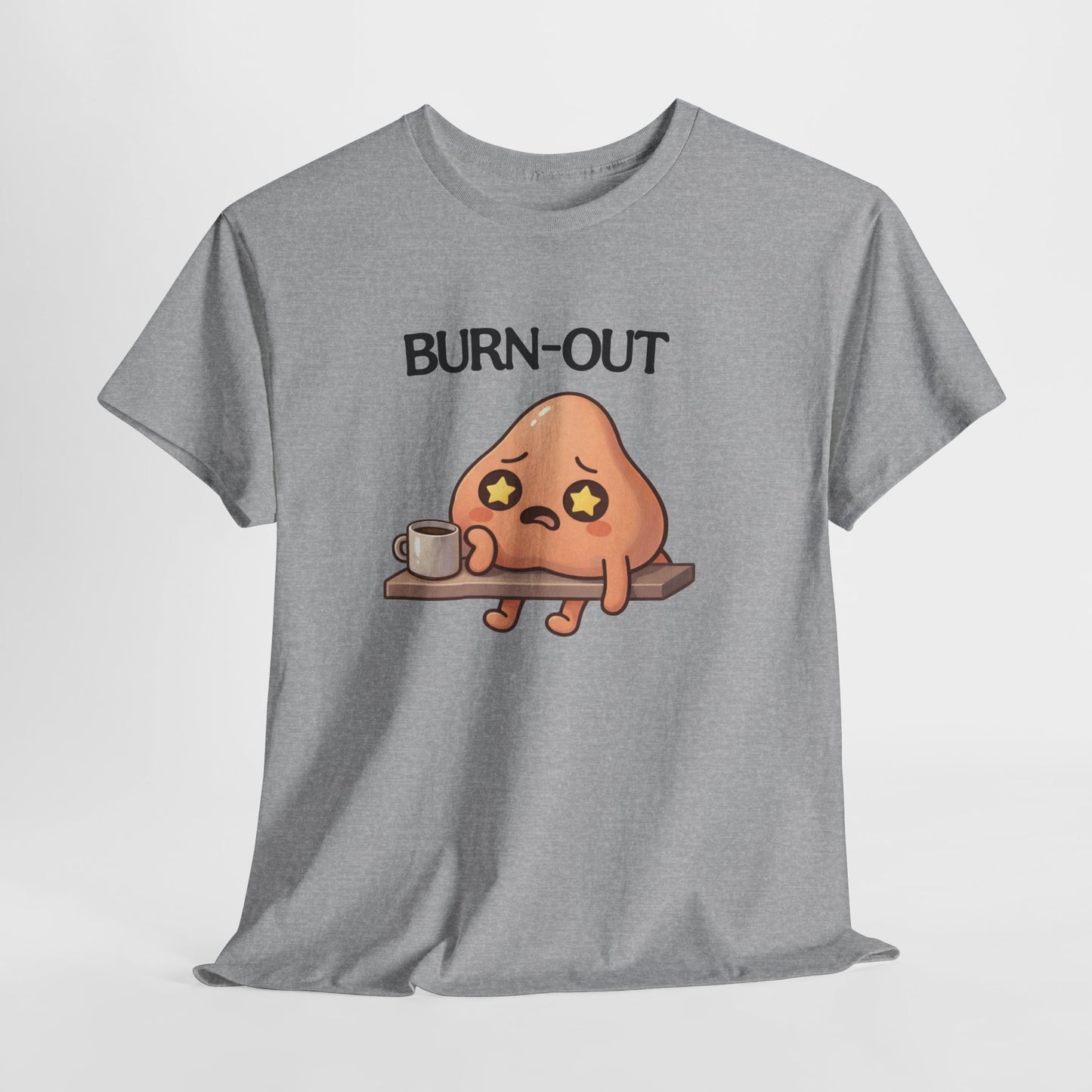 Tee Shirt Burn Out Humour Travail – Personnage Fatigué avec Café – T-shirt Drôle Bureau Blanc Gris Noir