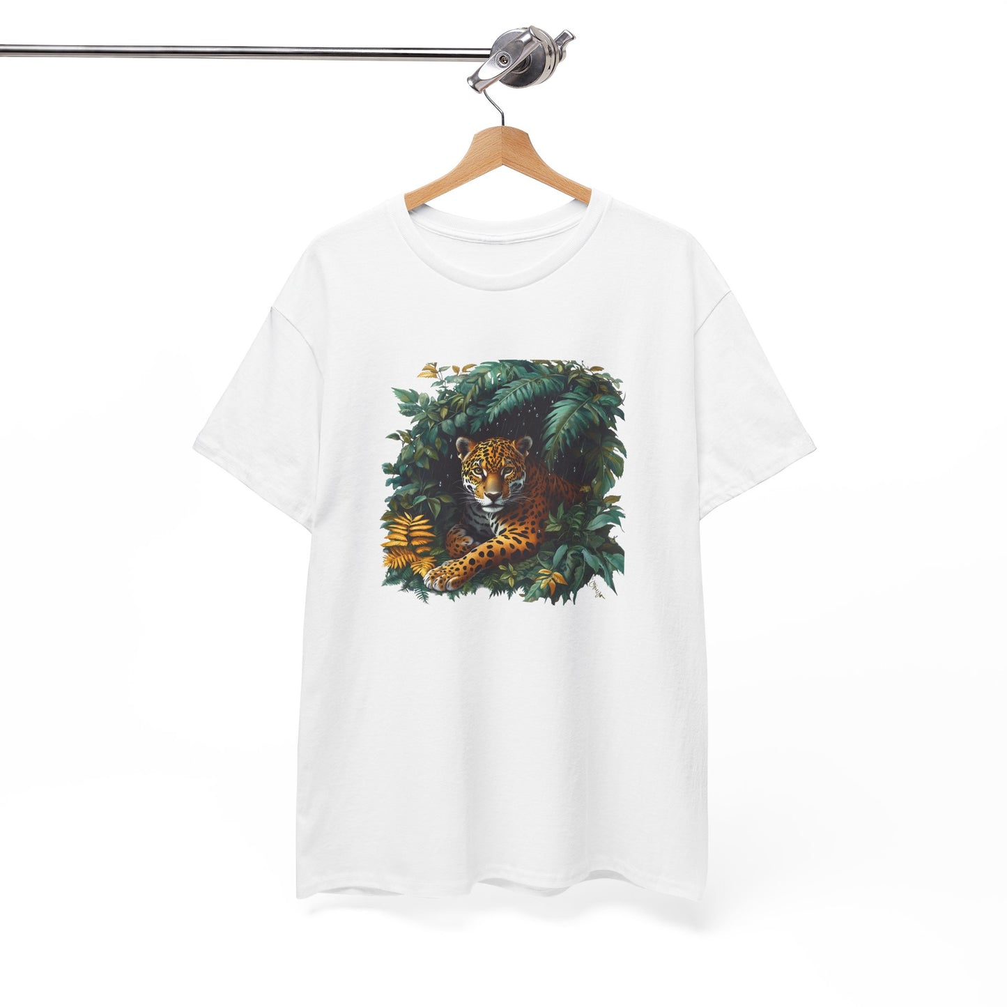 Tee Shirt Jaguar Jungle Tropicale – Félin Sauvage Feuillage Exotique – T-shirt Animal Nature Blanc Gris Noir